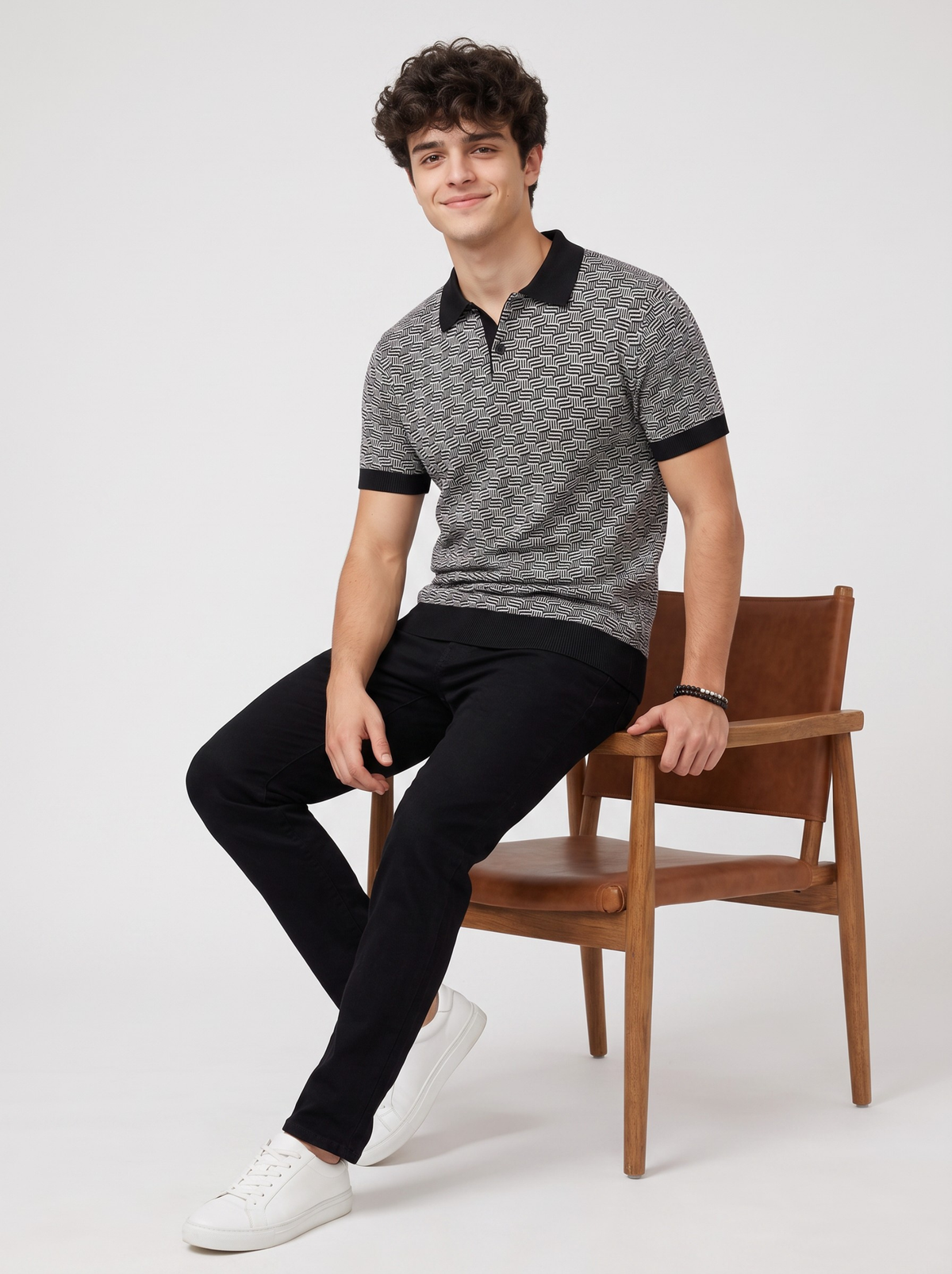 Blackstone Geometric Knit Polo - Black & Grey by Cord Cult - styled view