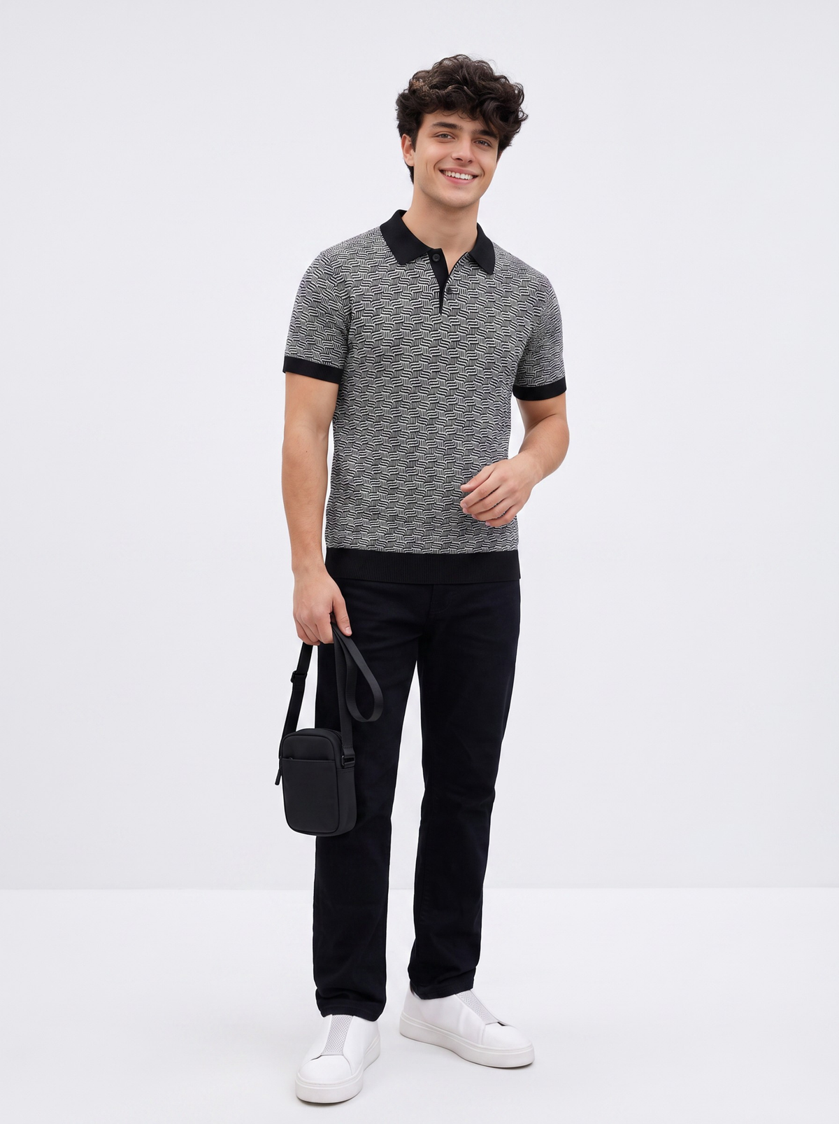 Blackstone Geometric Knit Polo - Black & Grey by Cord Cult - side view
