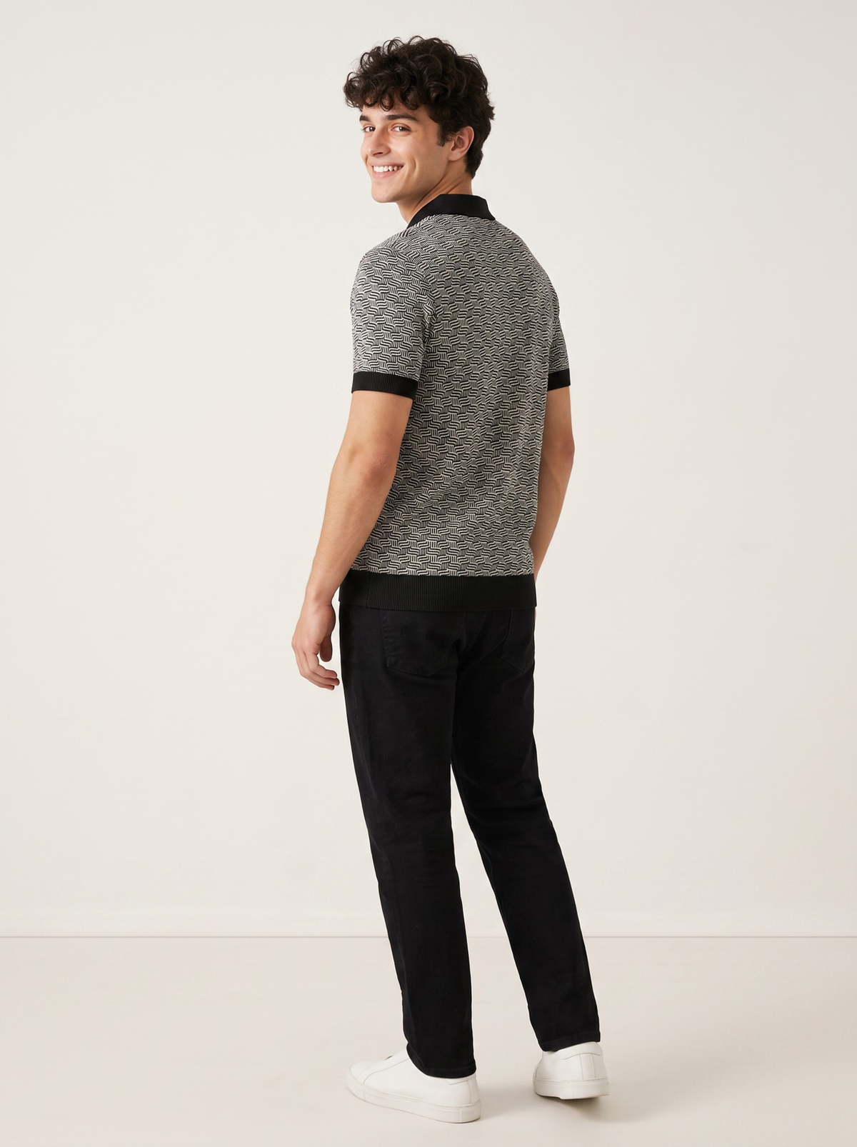 Blackstone Geometric Knit Polo - Black & Grey by Cord Cult - back view