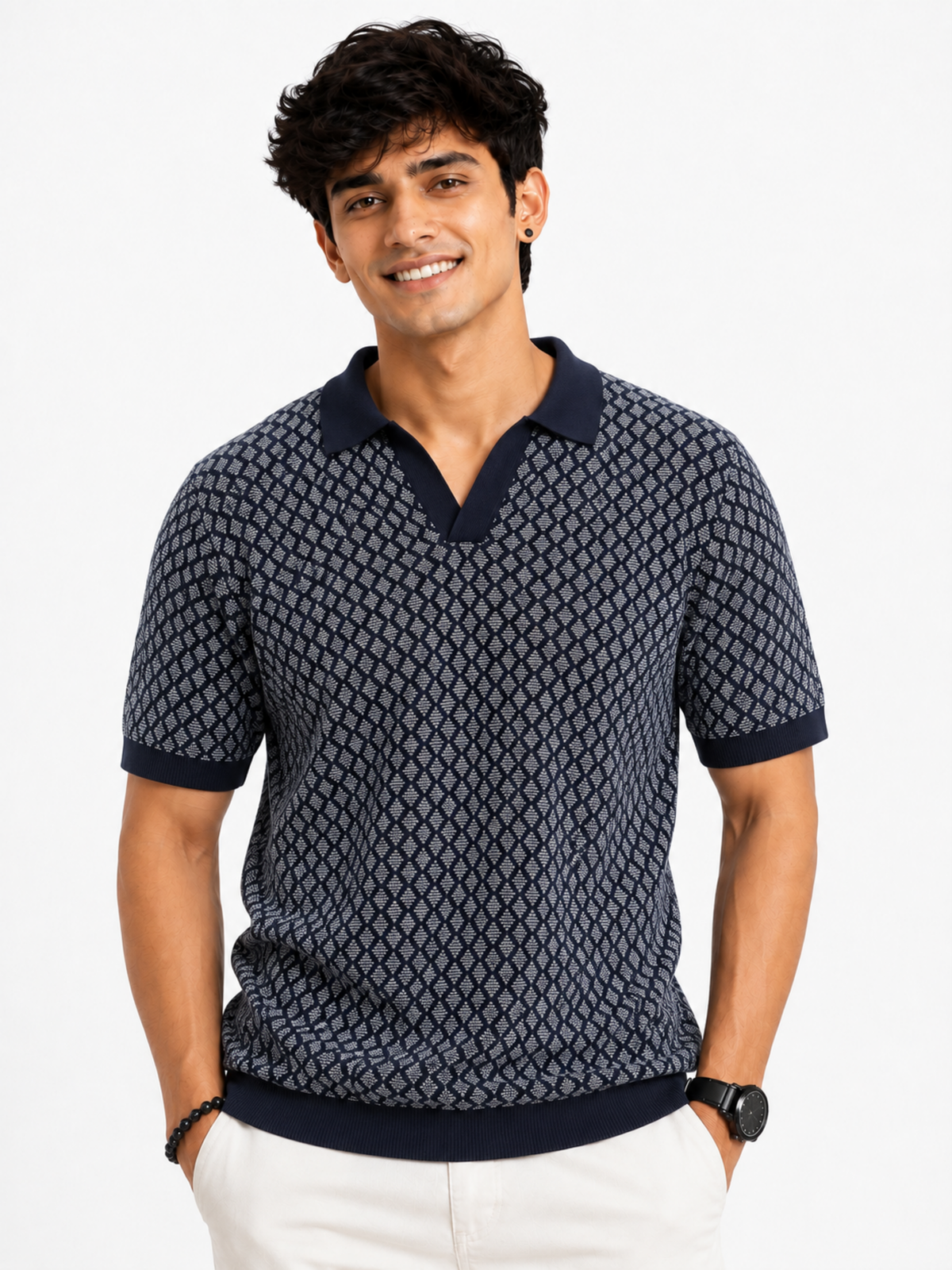 Harbor Gridline Geometric Knit Polo - Navy & Grey by Cord Cult - on-model view