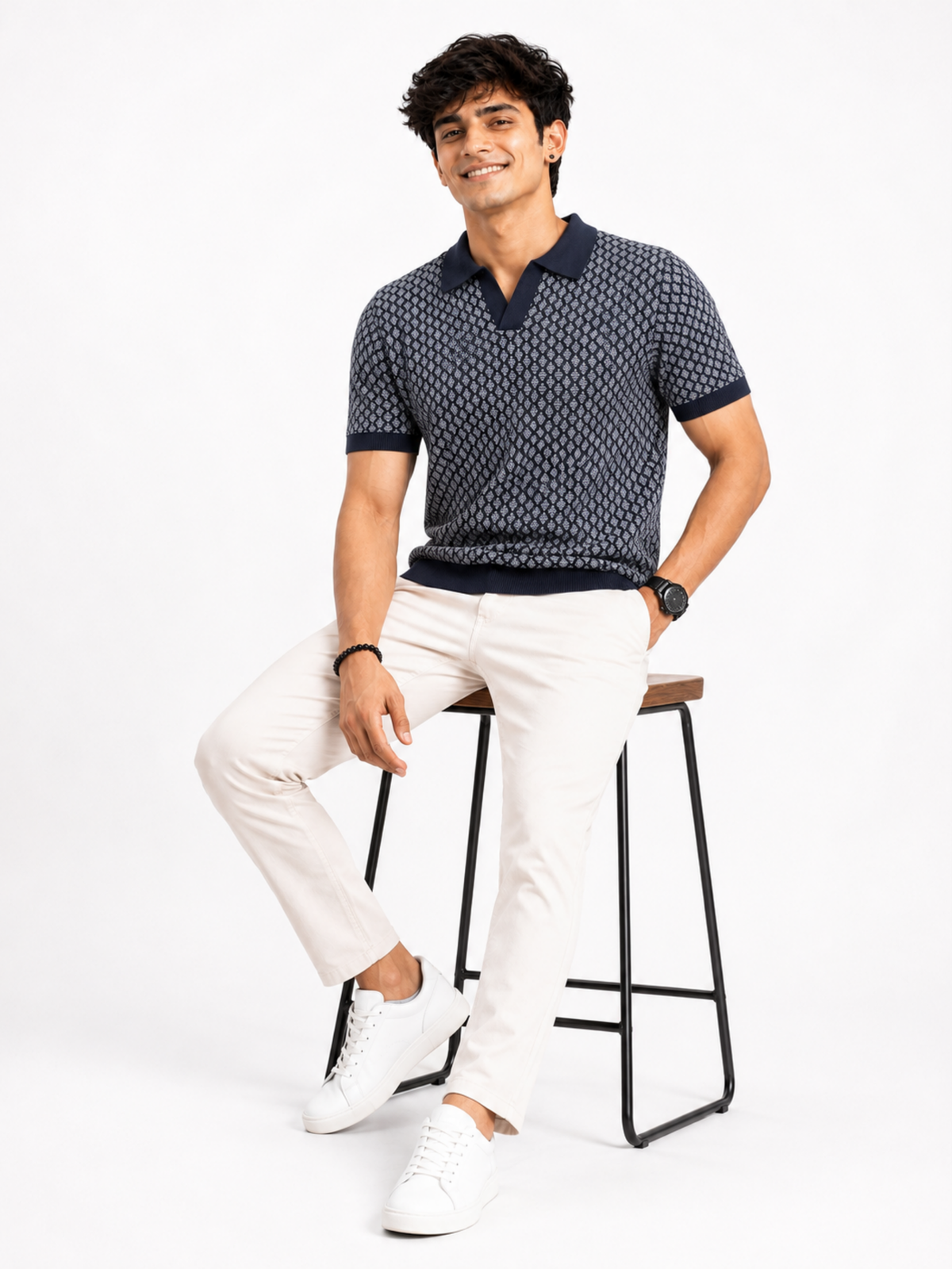Harbor Gridline Geometric Knit Polo - Navy & Grey by Cord Cult - styled view