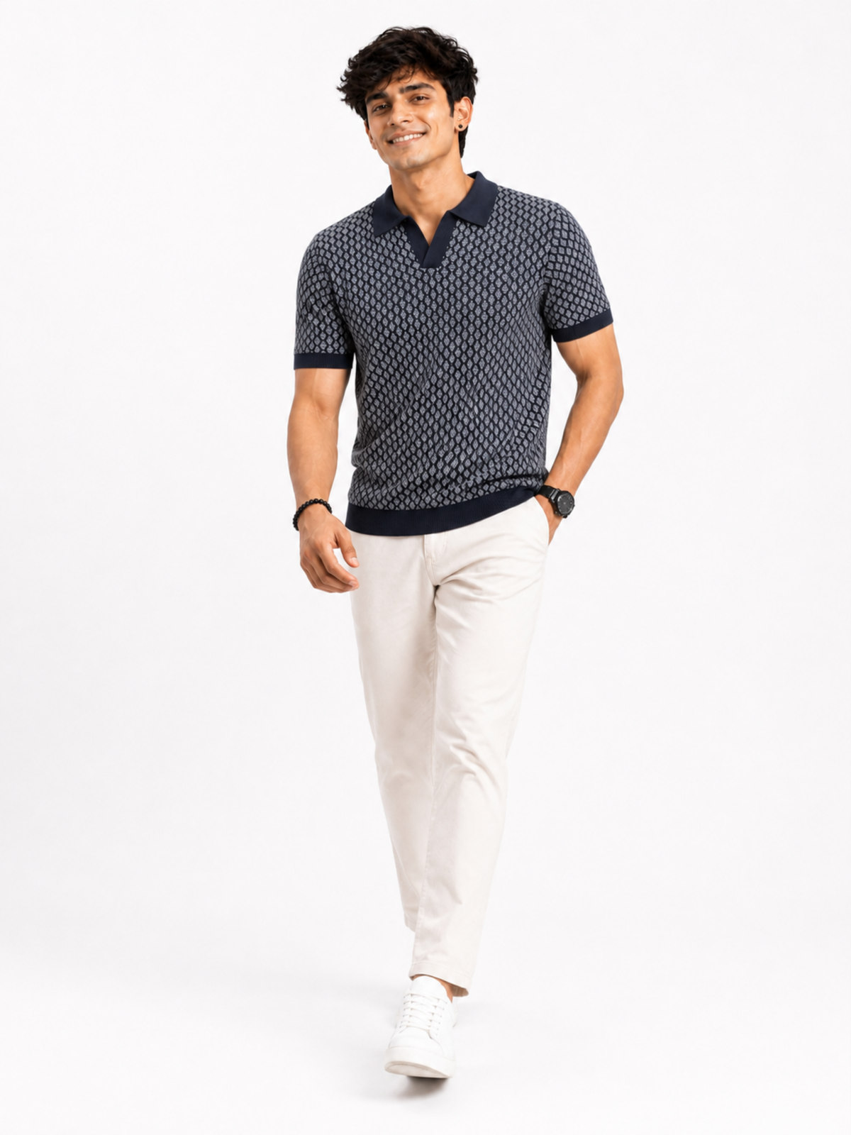 Harbor Gridline Geometric Knit Polo - Navy & Grey by Cord Cult - side view