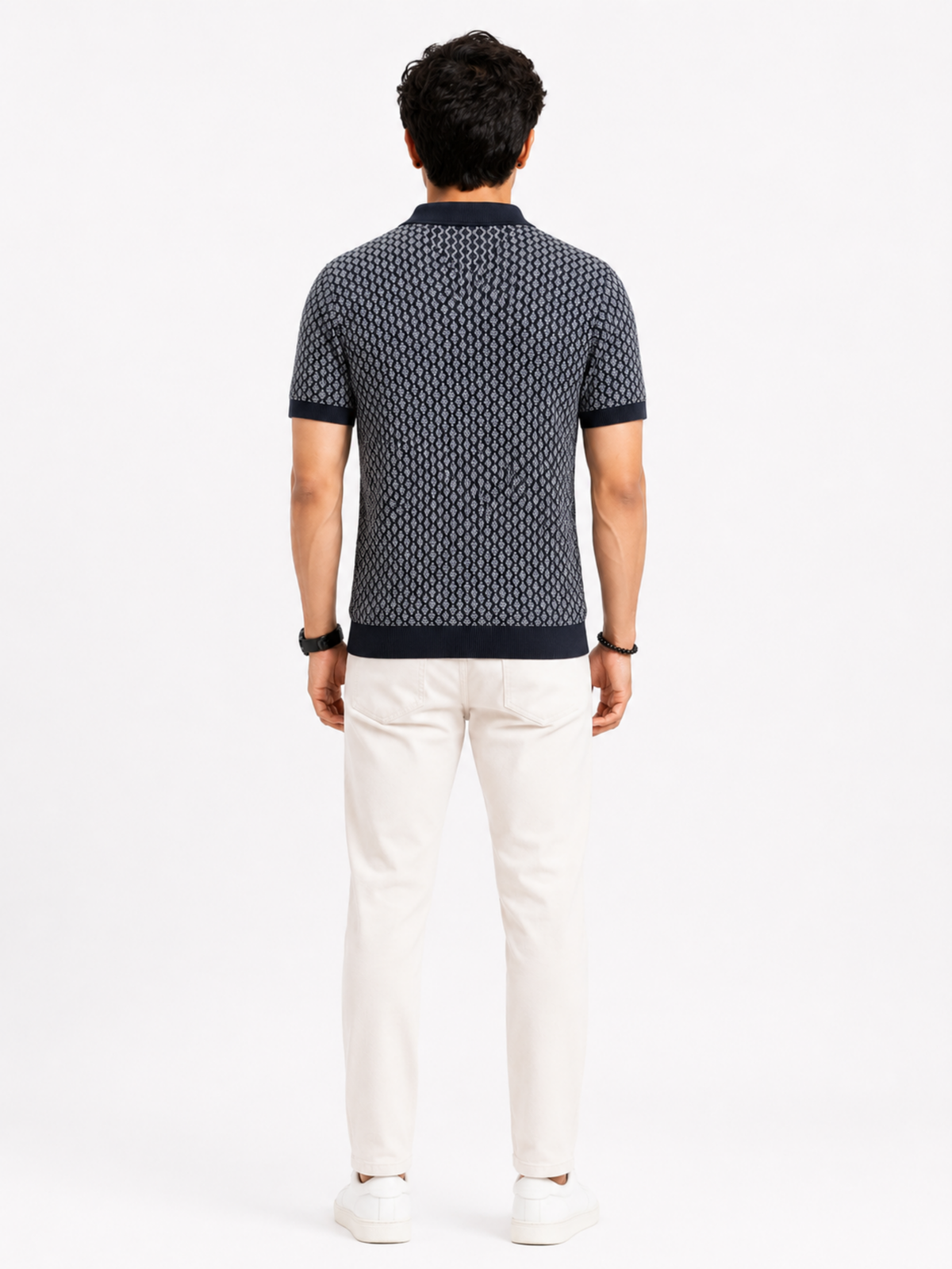 Harbor Gridline Geometric Knit Polo - Navy & Grey by Cord Cult - back view