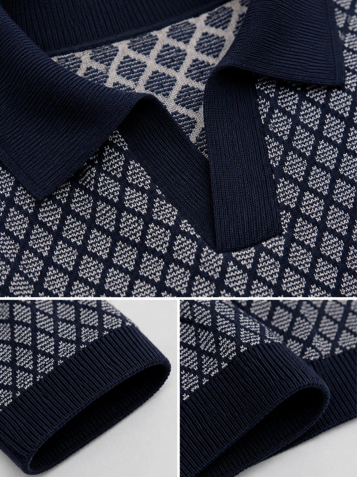 Harbor Gridline Geometric Knit Polo - Navy & Grey by Cord Cult - detail view