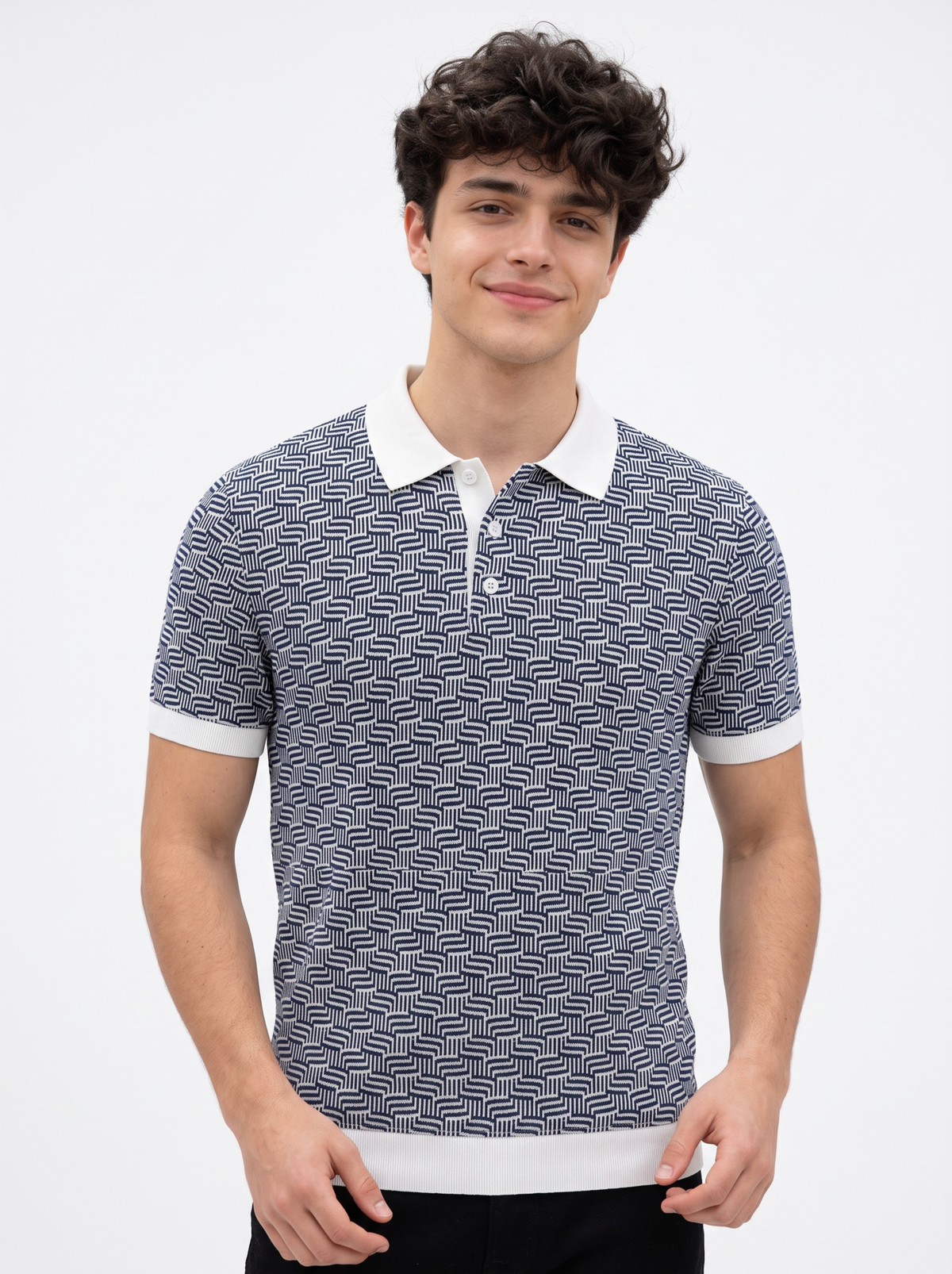 Harbor Grid Geometric Knit Polo - Navy & White by Cord Cult - on-model view