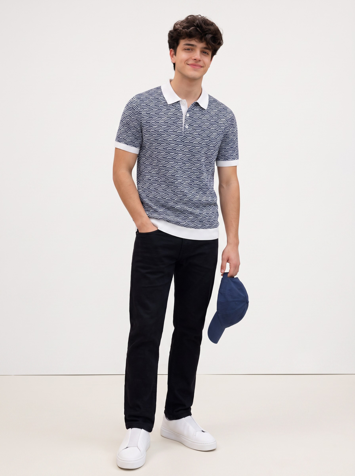 Harbor Grid Geometric Knit Polo - Navy & White by Cord Cult - styled view
