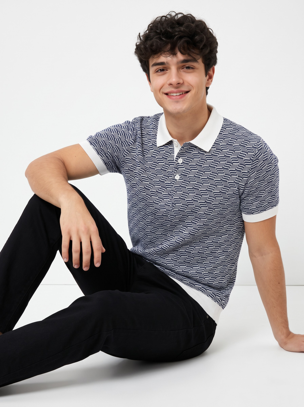 Harbor Grid Geometric Knit Polo - Navy & White by Cord Cult - side view