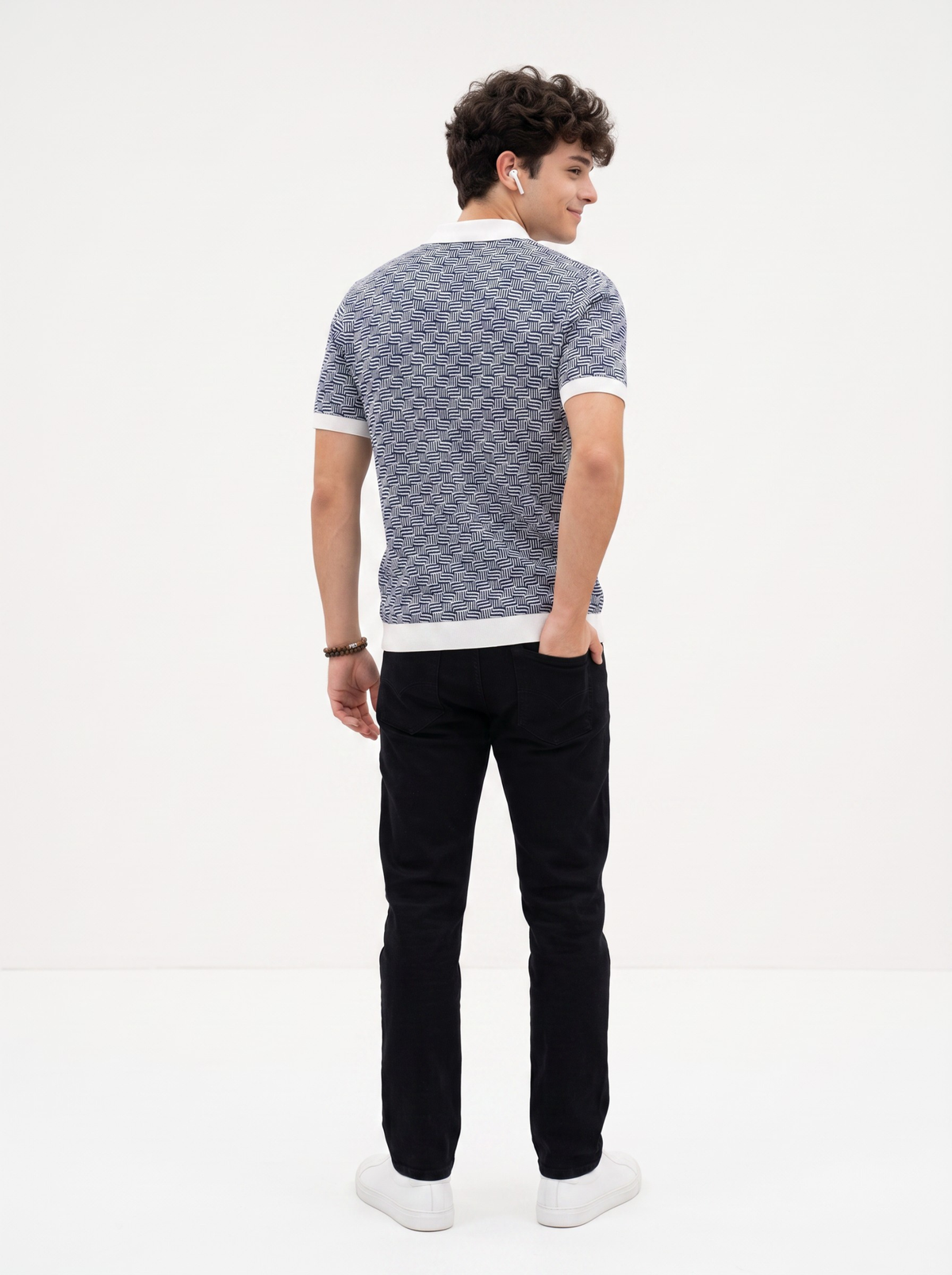 Harbor Grid Geometric Knit Polo - Navy & White by Cord Cult - back view