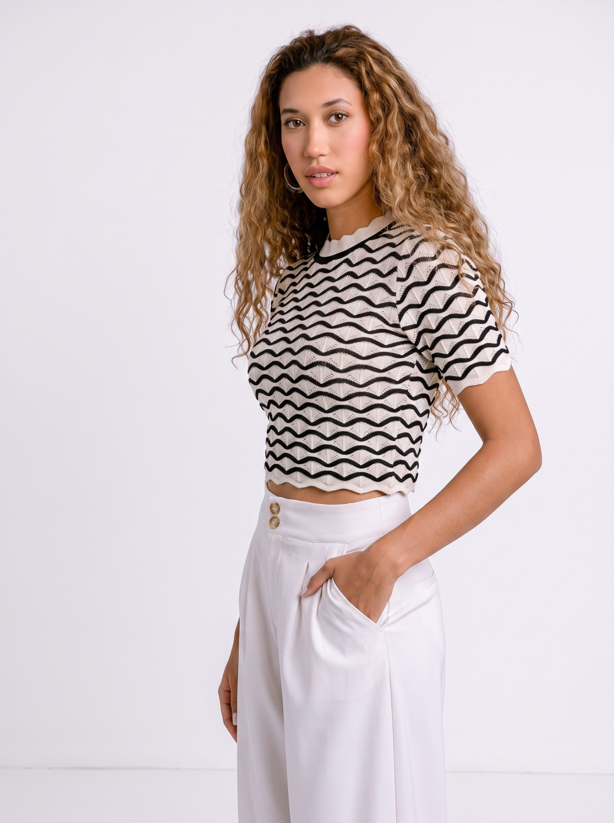Ivory Wave Knit Crop Top - Black & Cream by Cord Cult - back view