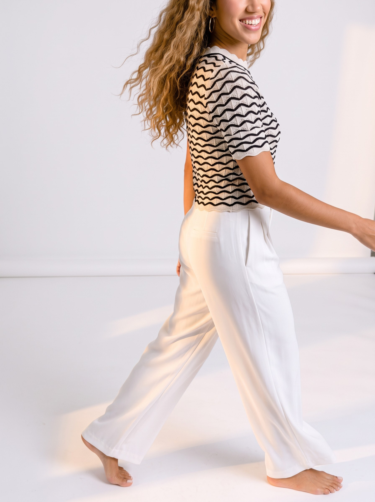 Ivory Wave Knit Crop Top - Black & Cream by Cord Cult - side view