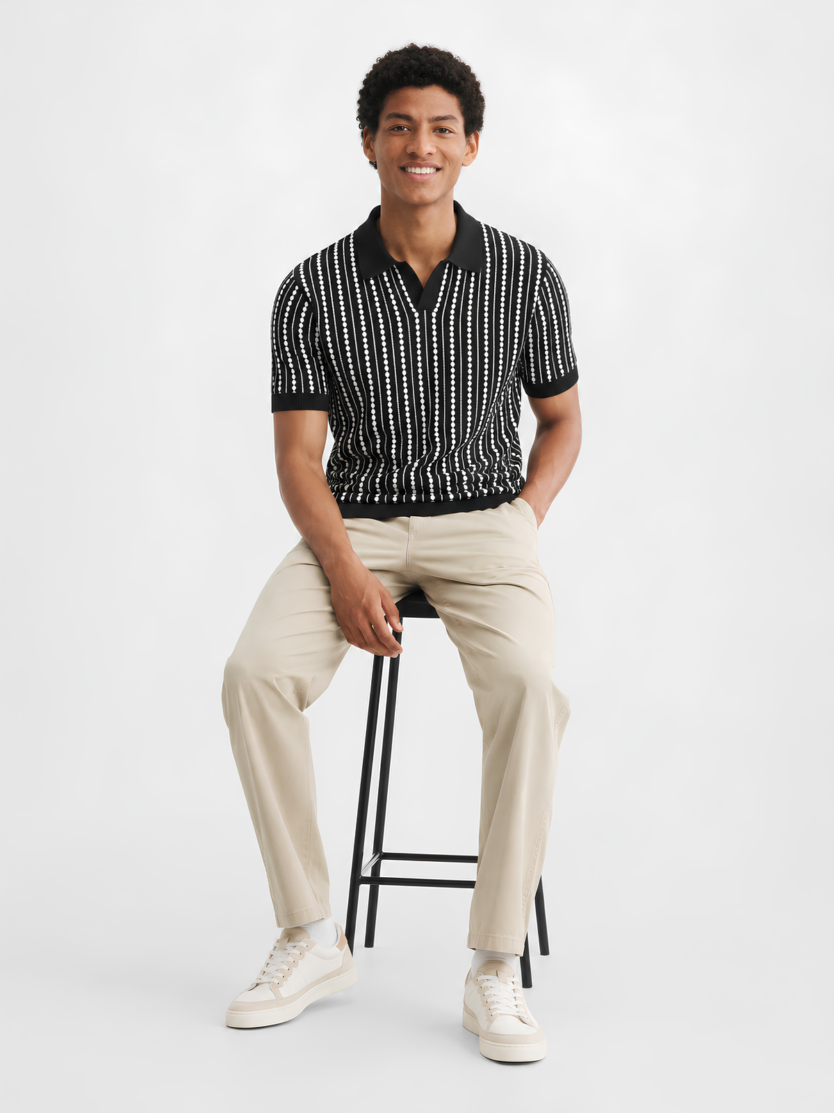 Mono Dotline Knit Polo - Black & White by Cord Cult - styled view