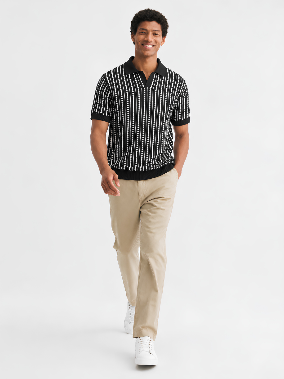 Mono Dotline Knit Polo - Black & White by Cord Cult - side view