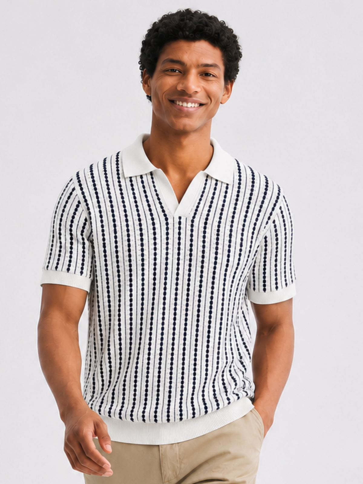 Harbor Dotline Knit Polo - White & Navy by Cord Cult - on-model view