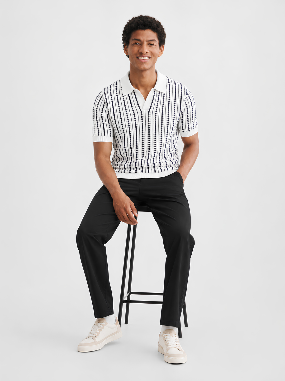 Harbor Dotline Knit Polo - White & Navy by Cord Cult - styled view