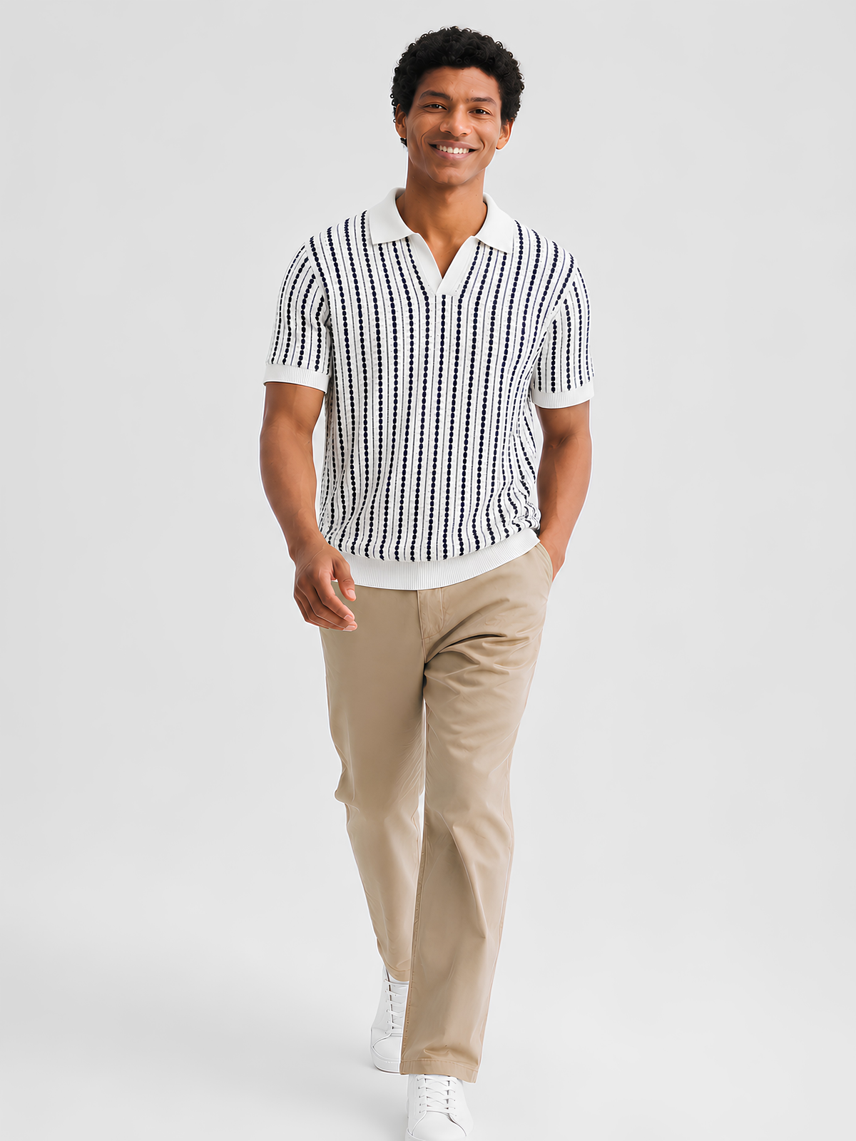 Harbor Dotline Knit Polo - White & Navy by Cord Cult - side view