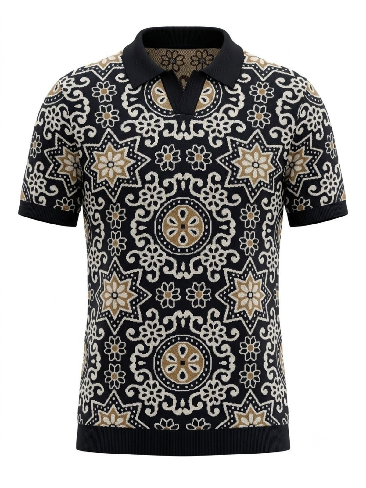 Onyx Medallion Jacquard Knit Polo - Black & Beige by Cord Cult - front view