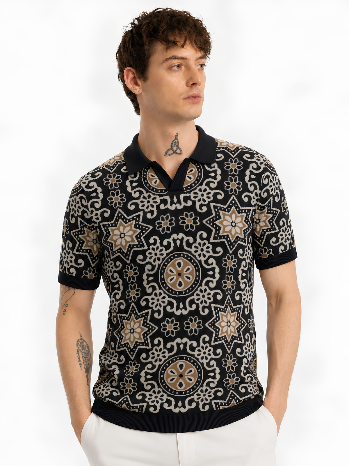 Onyx Medallion Jacquard Knit Polo - Black & Beige by Cord Cult - on-model view