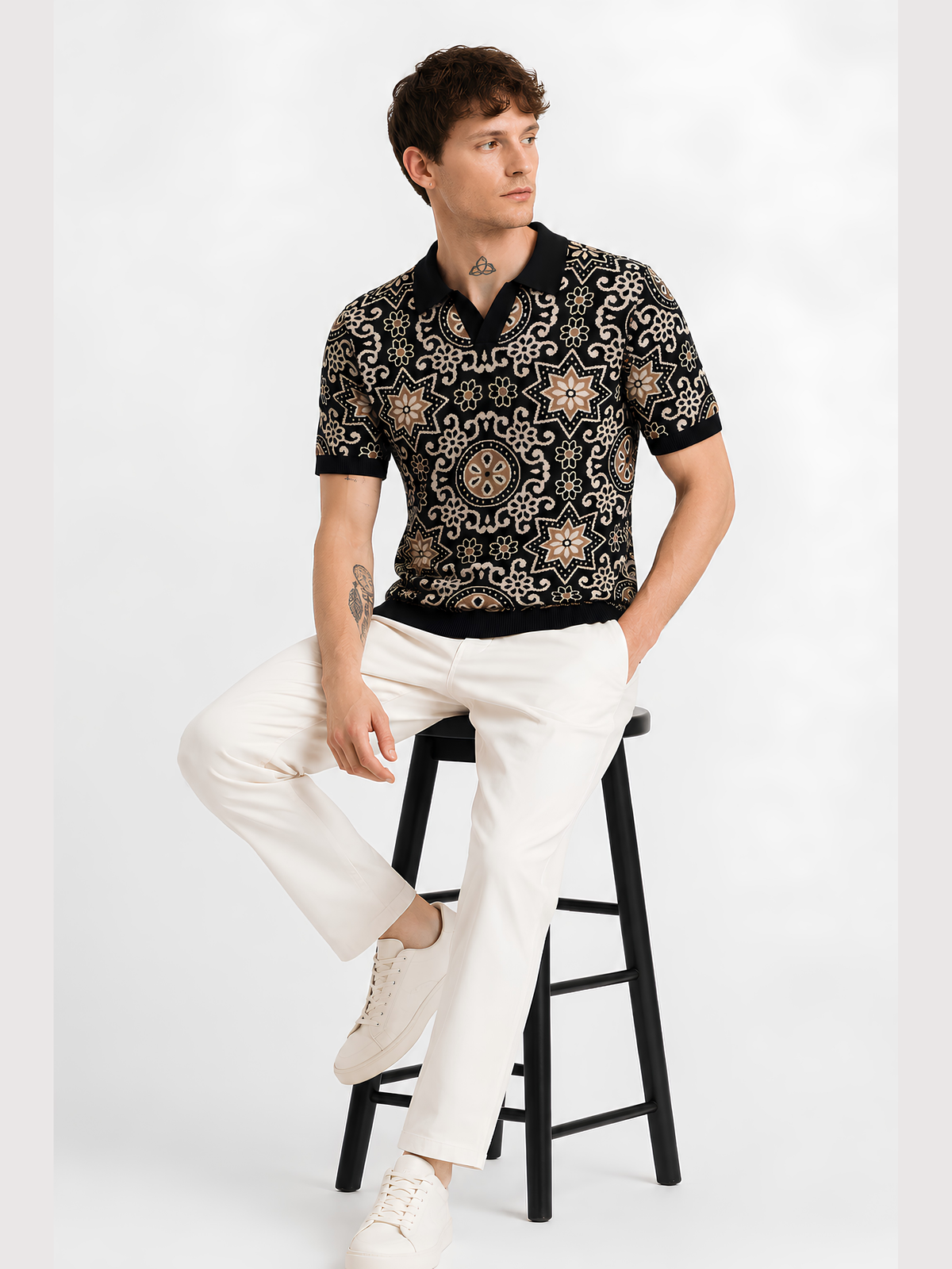 Onyx Medallion Jacquard Knit Polo - Black & Beige by Cord Cult - styled view
