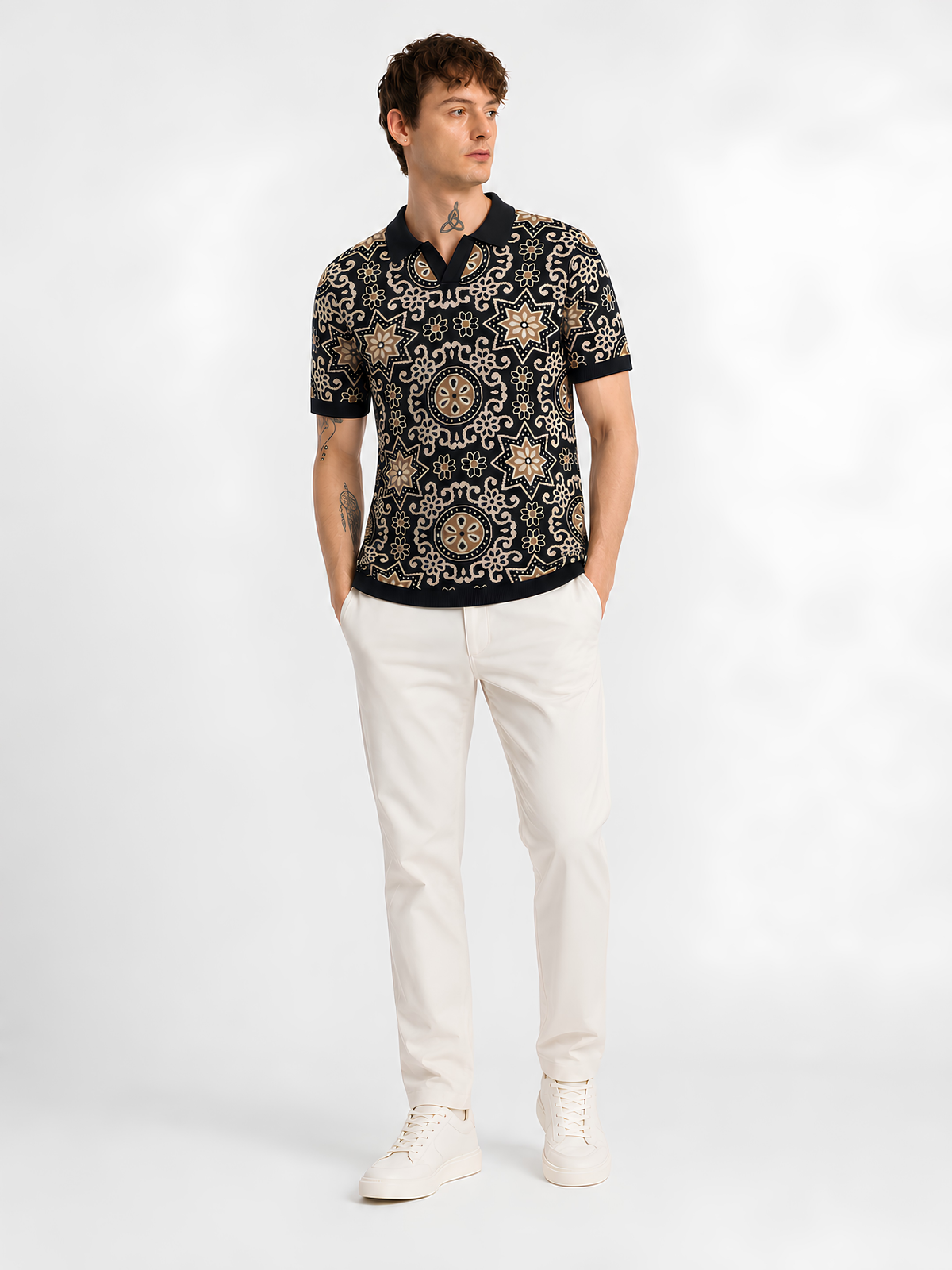 Onyx Medallion Jacquard Knit Polo - Black & Beige by Cord Cult - side view