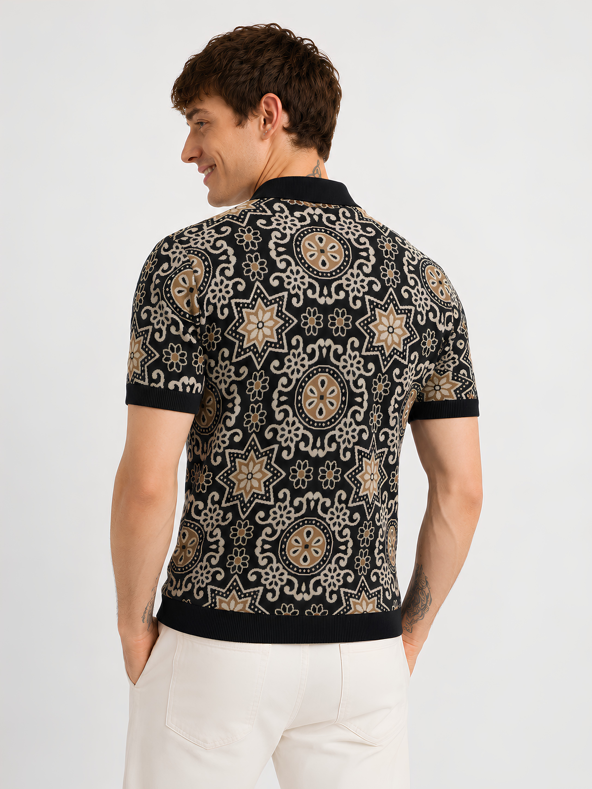 Onyx Medallion Jacquard Knit Polo - Black & Beige by Cord Cult - back view