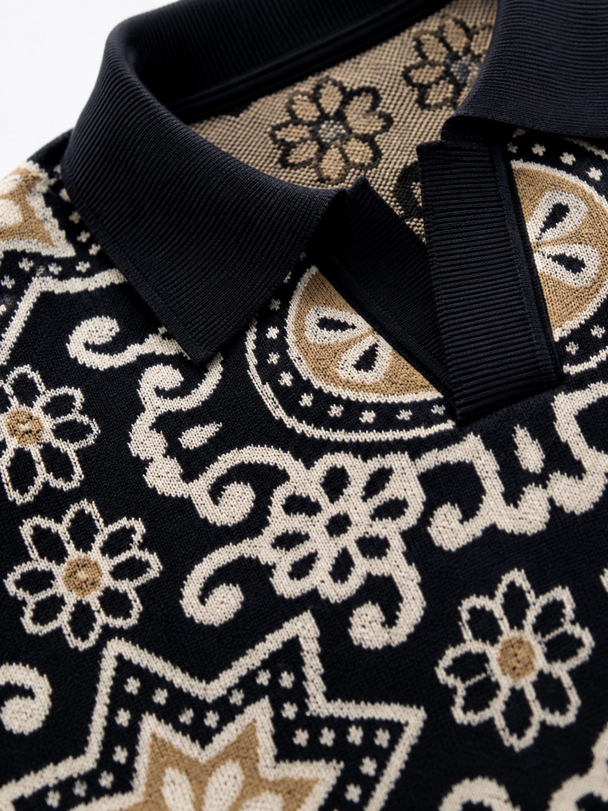Onyx Medallion Jacquard Knit Polo - Black & Beige by Cord Cult - detail view