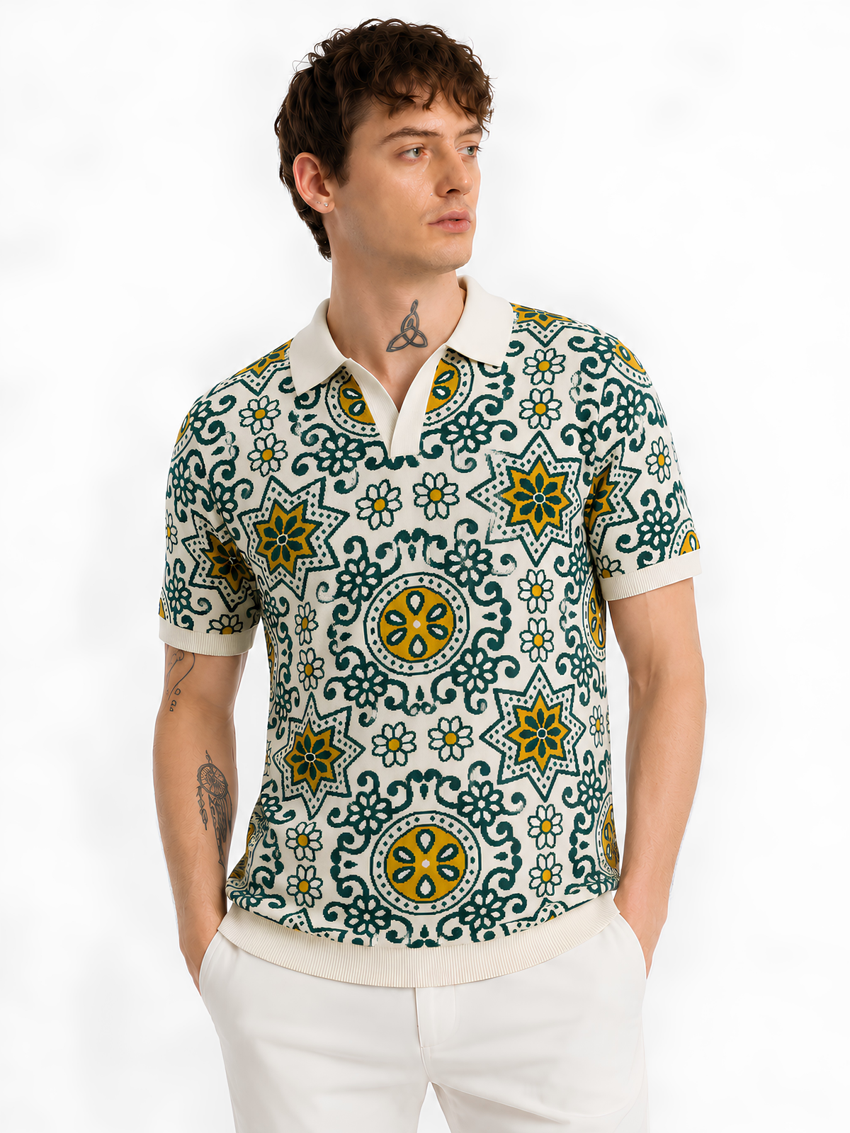 Olive Ivory Medallion Jacquard Knit Polo - Ivory & Olive by Cord Cult - on-model view