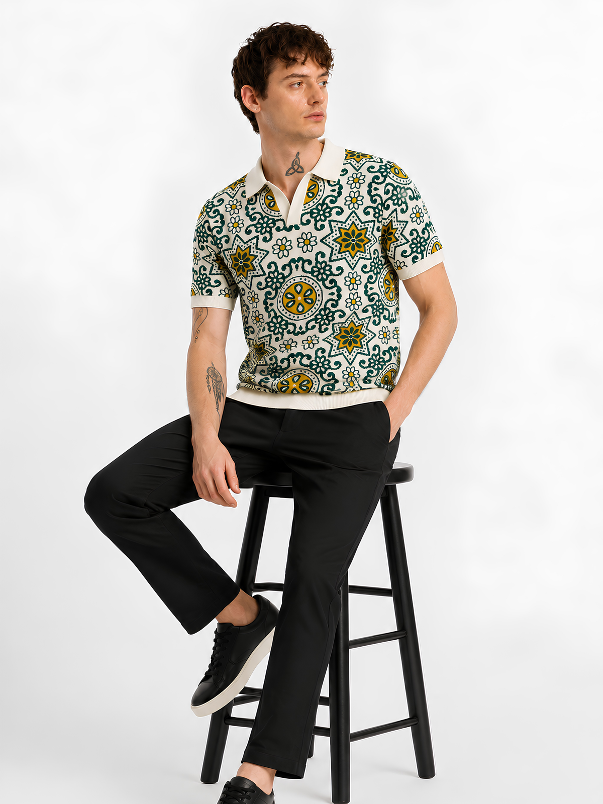 Olive Ivory Medallion Jacquard Knit Polo - Ivory & Olive by Cord Cult - styled view