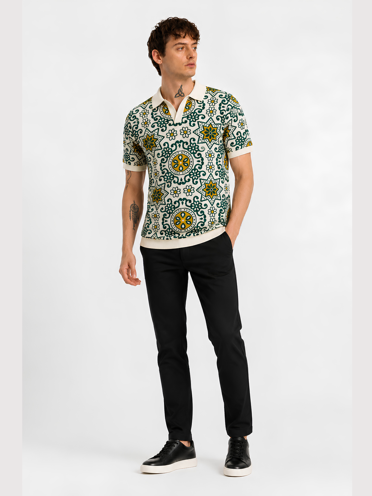 Olive Ivory Medallion Jacquard Knit Polo - Ivory & Olive by Cord Cult - side view
