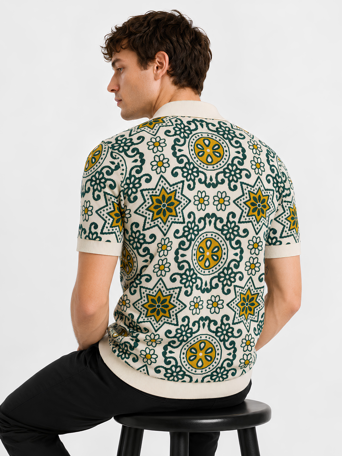 Olive Ivory Medallion Jacquard Knit Polo - Ivory & Olive by Cord Cult - back view
