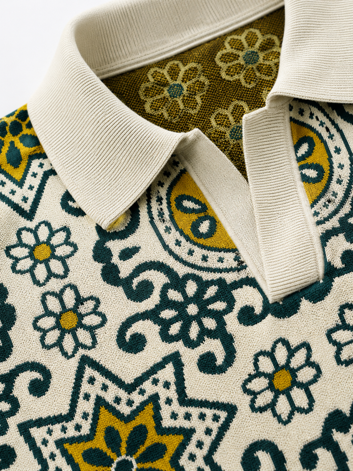Olive Ivory Medallion Jacquard Knit Polo - Ivory & Olive by Cord Cult - detail view