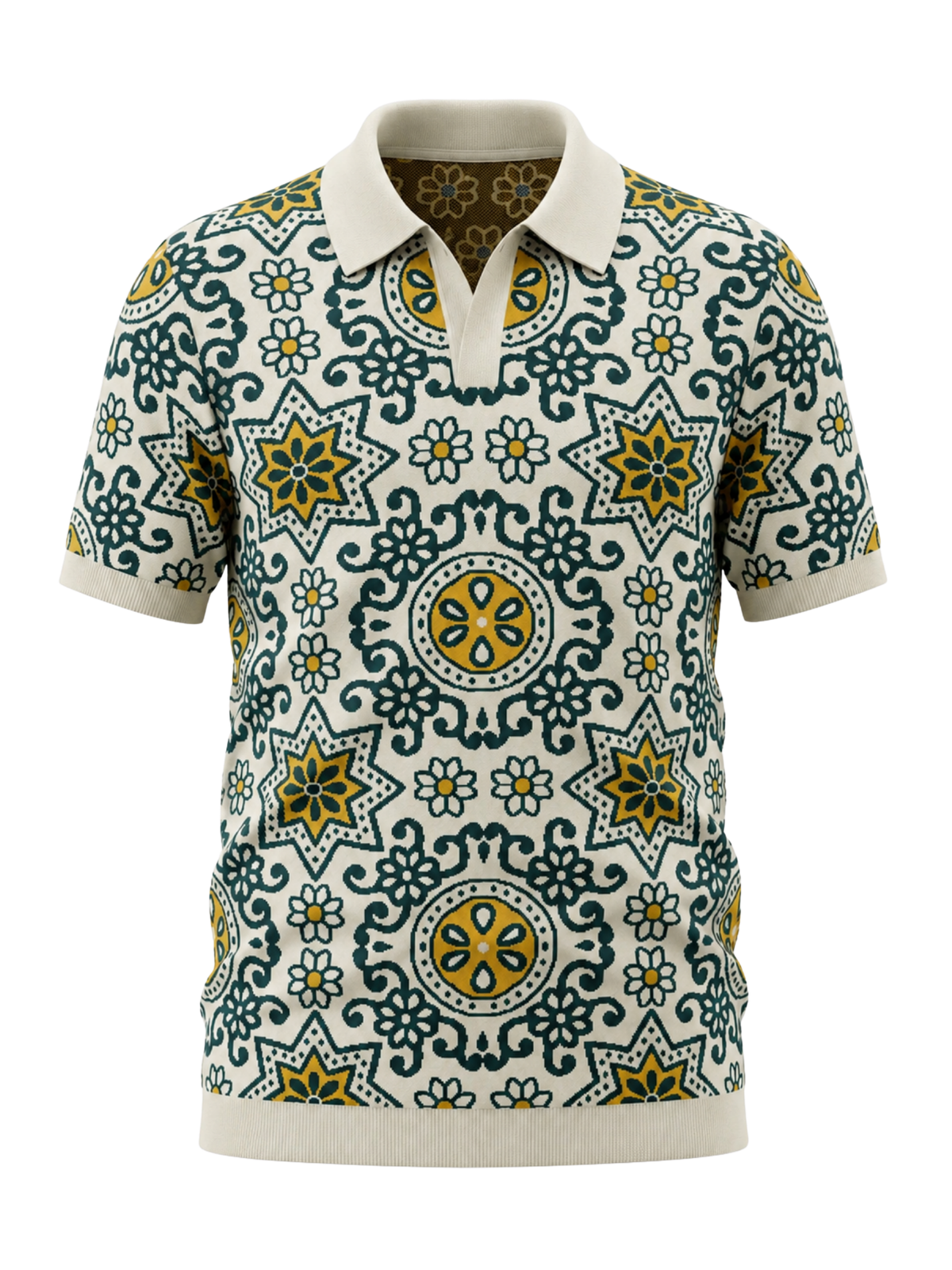 Olive Ivory Medallion Jacquard Knit Polo - Ivory & Olive by Cord Cult - front view