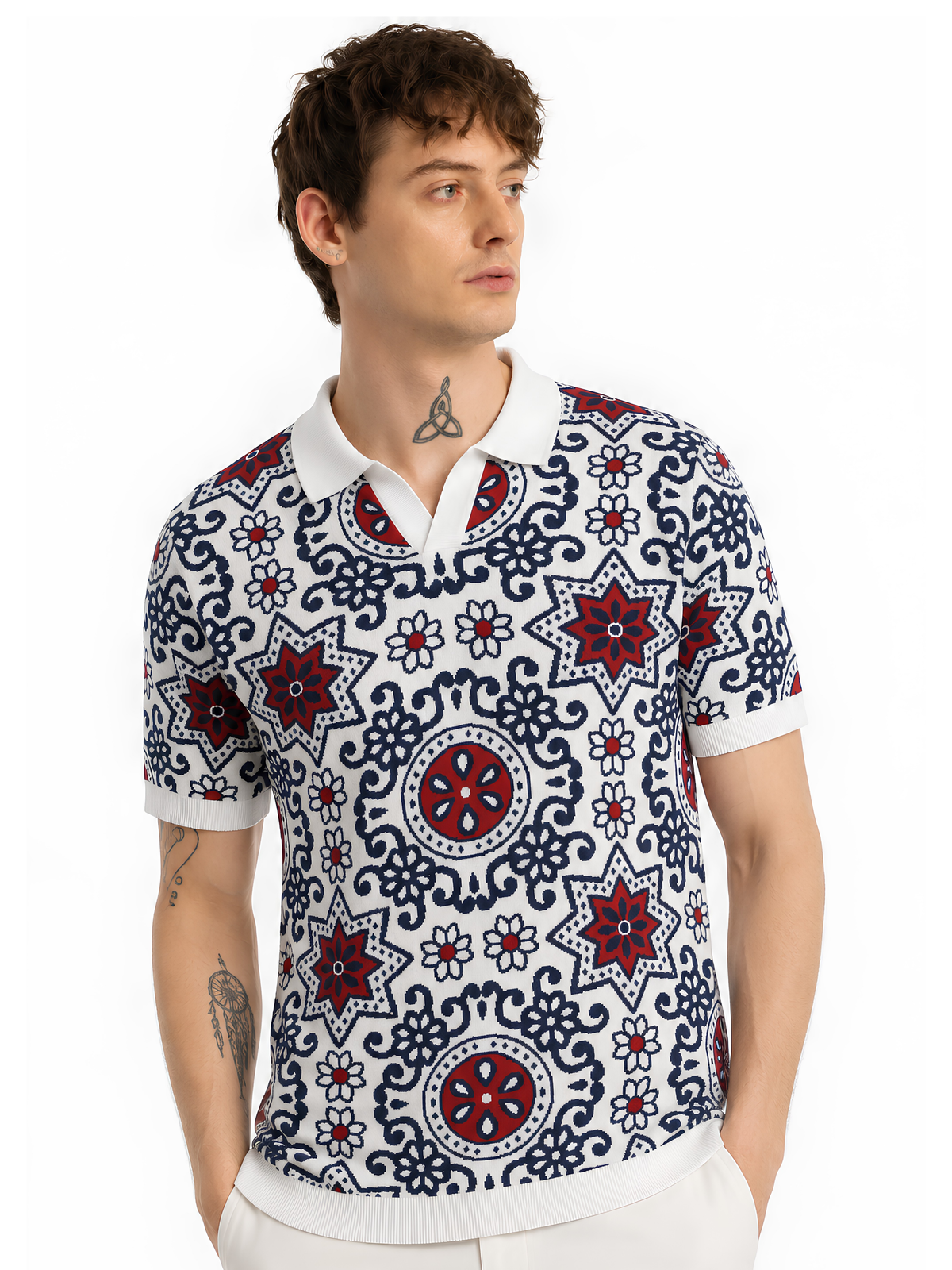 Merlot Medallion Jacquard Knit Polo - White & Burgundy by Cord Cult - on-model view