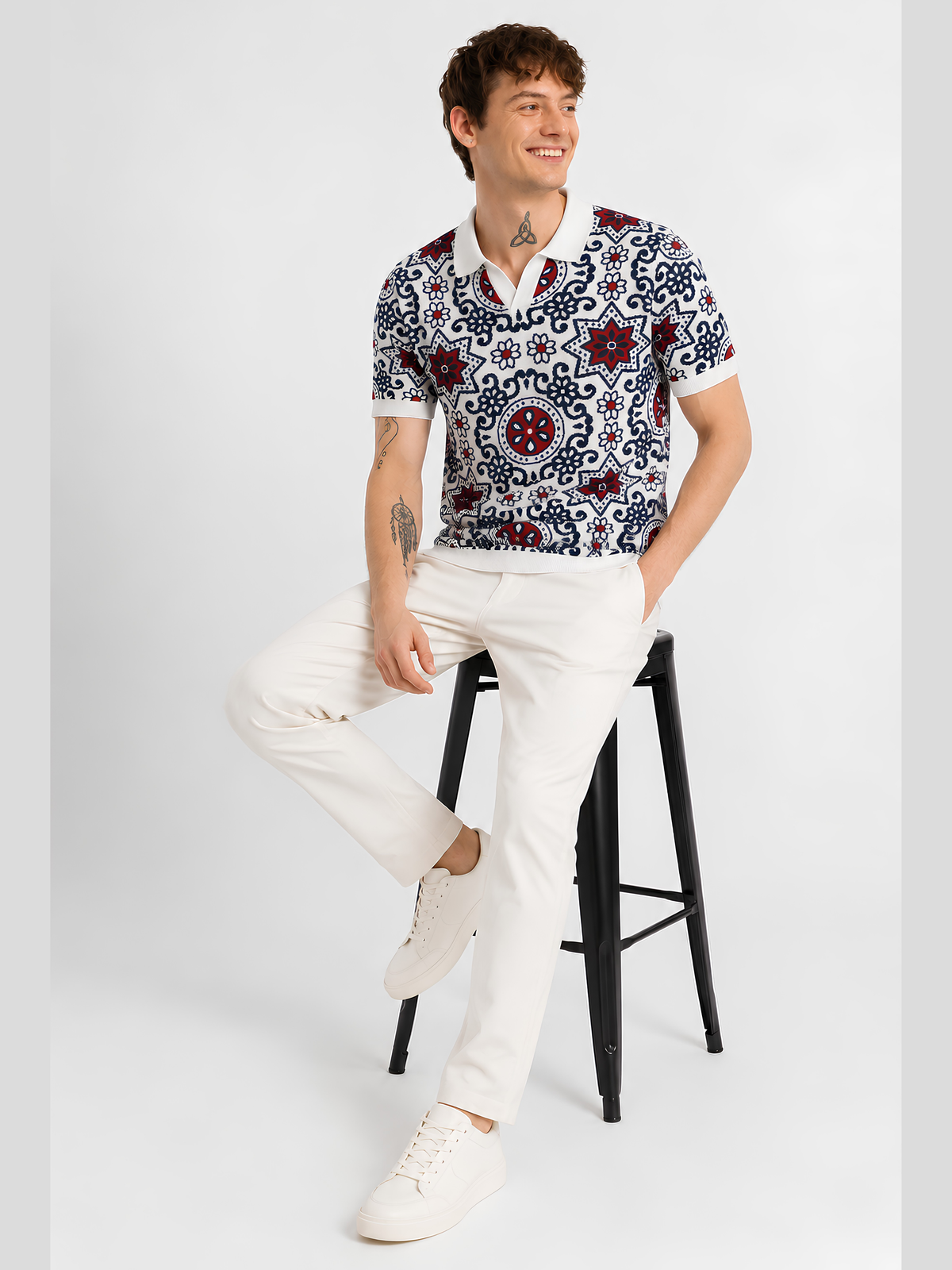 Merlot Medallion Jacquard Knit Polo - White & Burgundy by Cord Cult - styled view