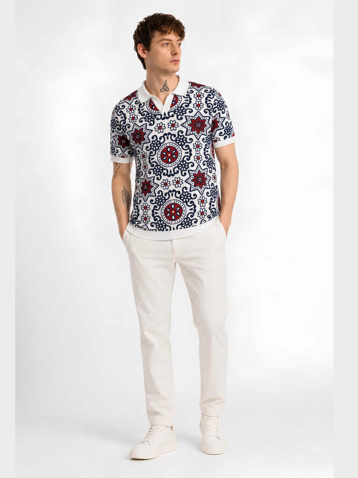 Merlot Medallion Jacquard Knit Polo - White & Burgundy by Cord Cult - side view