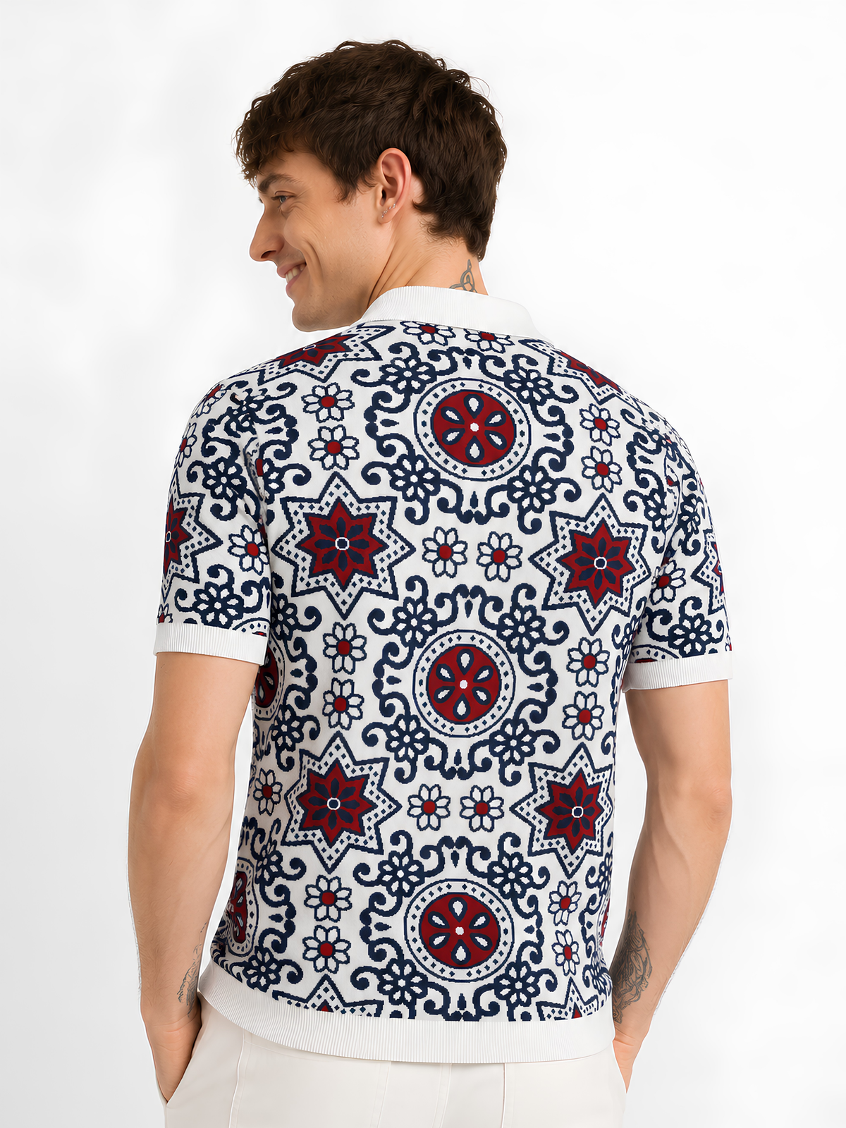 Merlot Medallion Jacquard Knit Polo - White & Burgundy by Cord Cult - back view