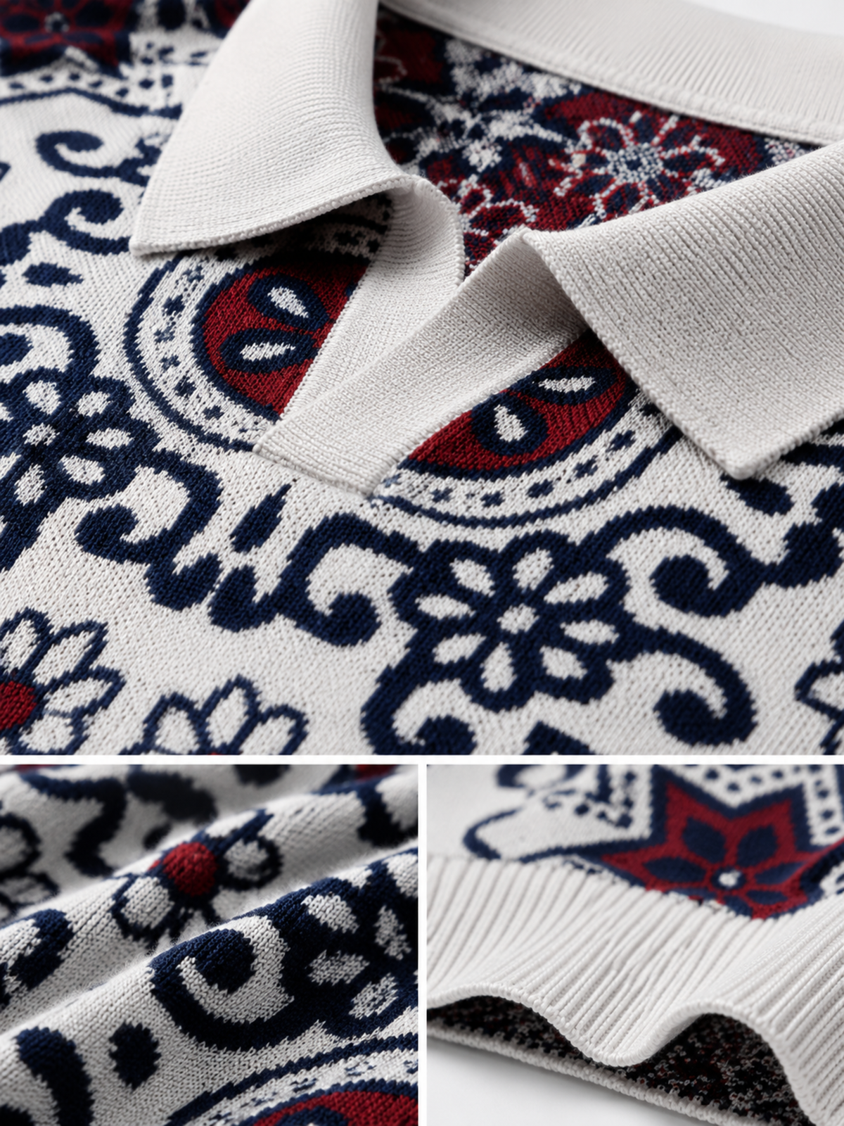 Merlot Medallion Jacquard Knit Polo - White & Burgundy by Cord Cult - detail view