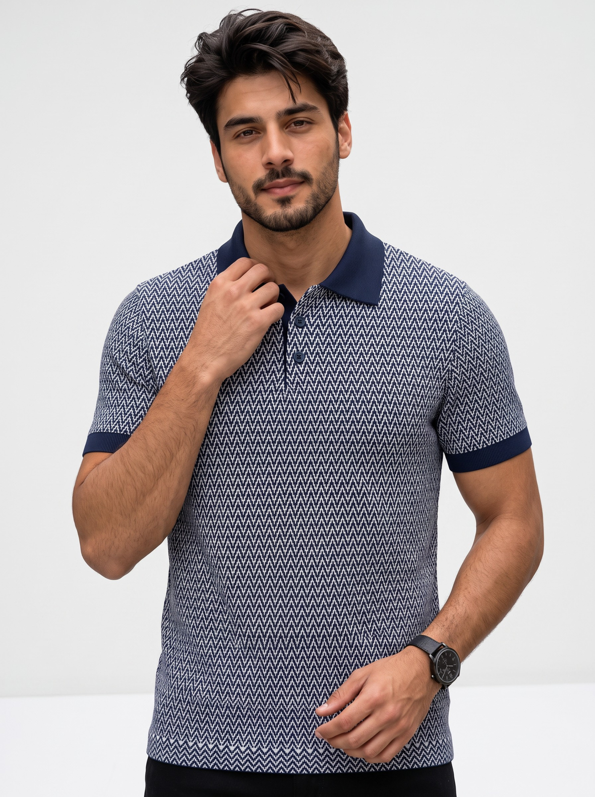 Harbor Micro Chevron Knit Polo - Navy & White by Cord Cult - on-model view
