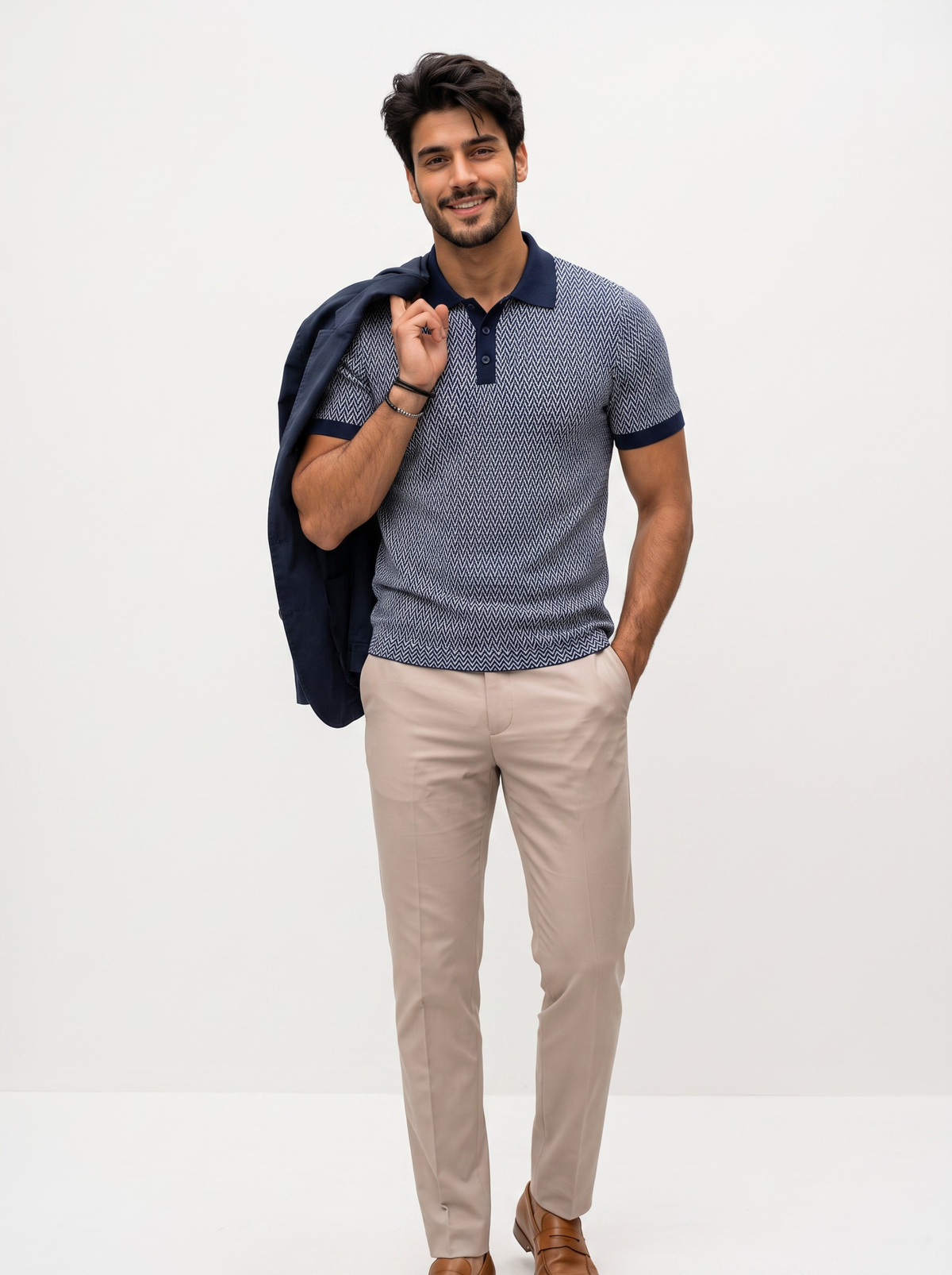 Harbor Micro Chevron Knit Polo - Navy & White by Cord Cult - styled view