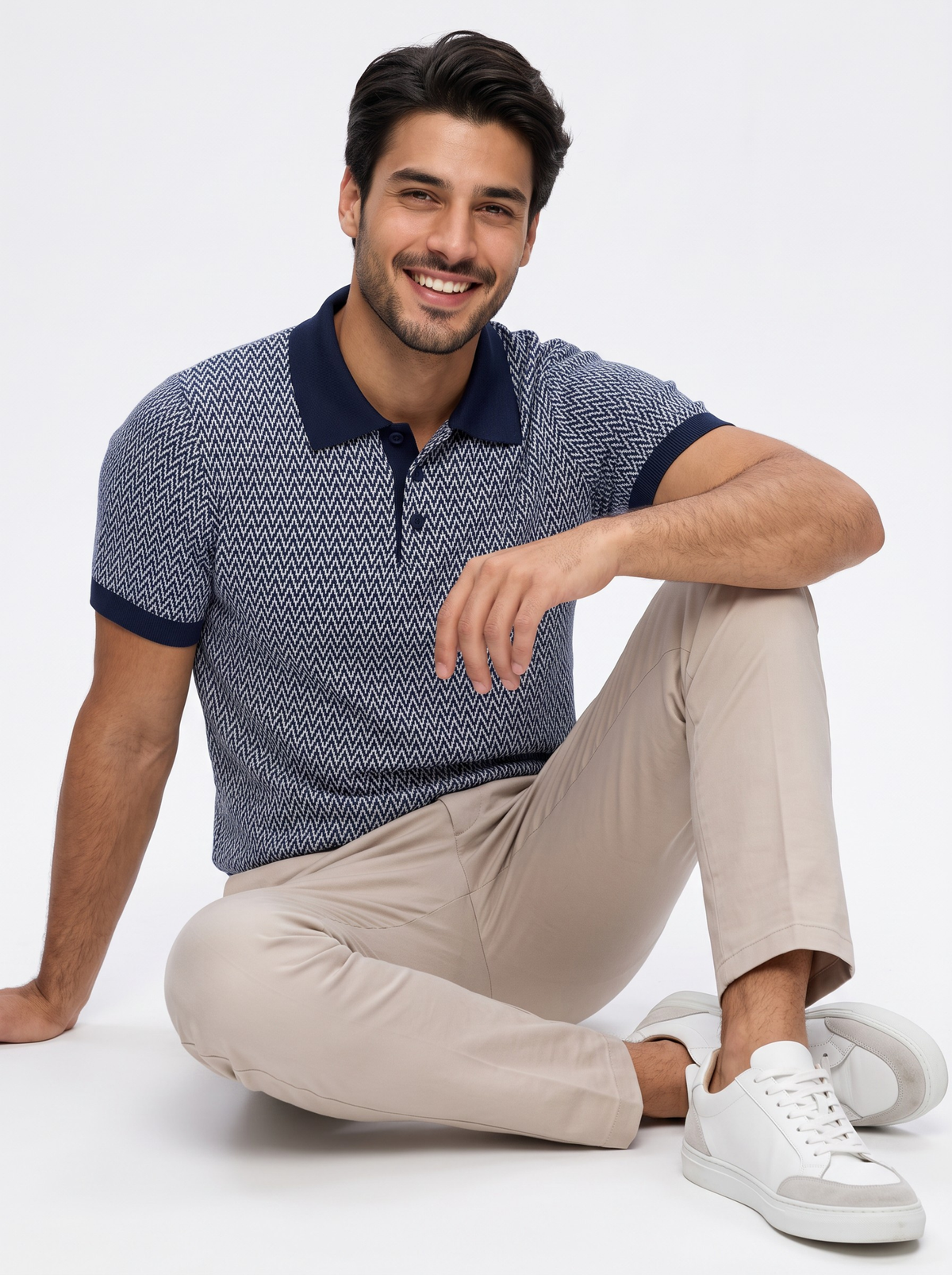 Harbor Micro Chevron Knit Polo - Navy & White by Cord Cult - side view