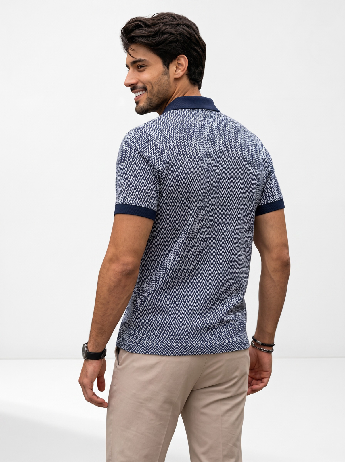 Harbor Micro Chevron Knit Polo - Navy & White by Cord Cult - back view