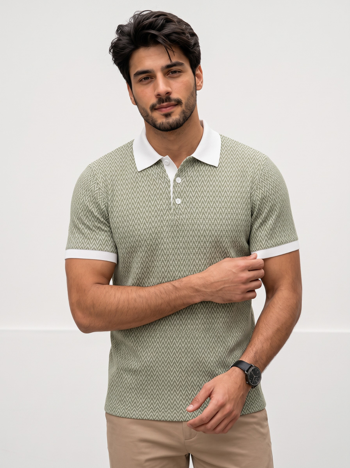 Signal Micro Chevron Knit Polo - Sage Green & White by Cord Cult - on-model view