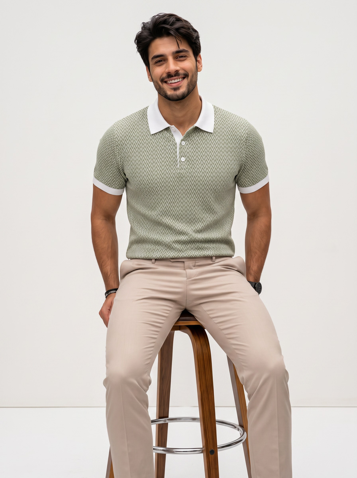 Signal Micro Chevron Knit Polo - Sage Green & White by Cord Cult - styled view