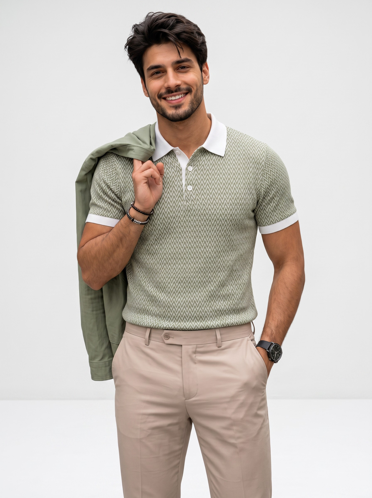 Signal Micro Chevron Knit Polo - Sage Green & White by Cord Cult - side view