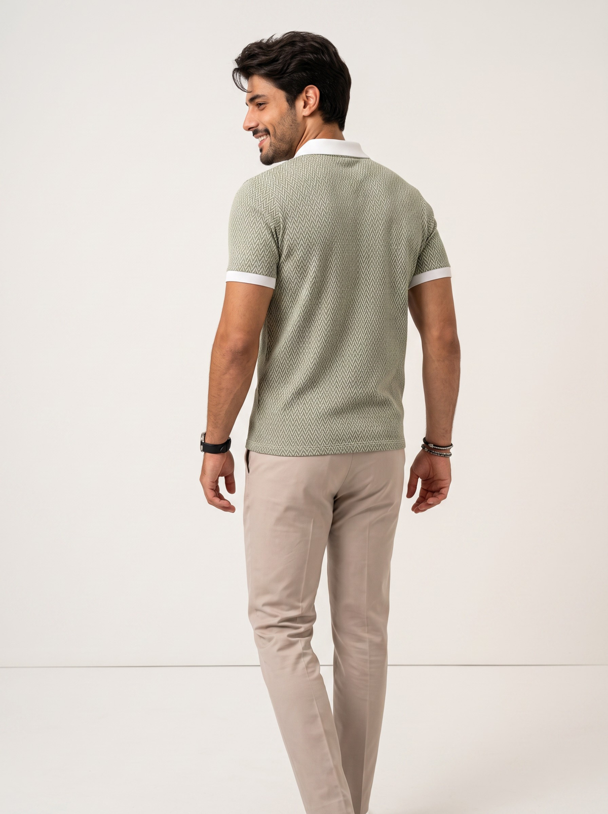 Signal Micro Chevron Knit Polo - Sage Green & White by Cord Cult - back view