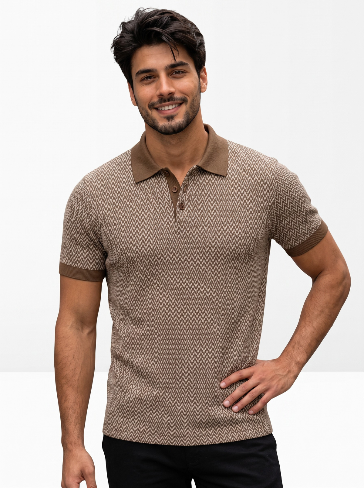 Terra Micro Chevron Knit Polo - Taupe & Brown by Cord Cult - on-model view