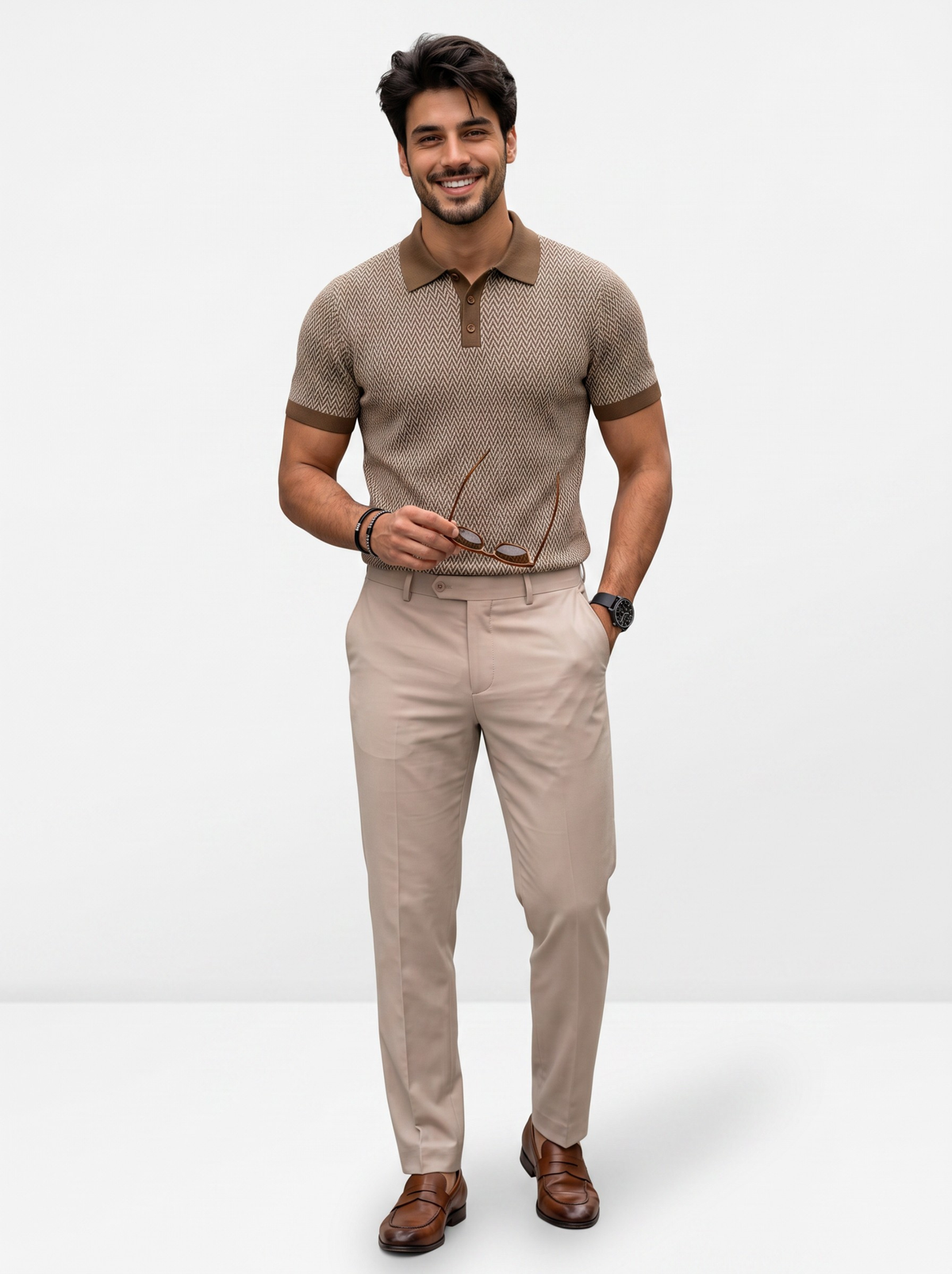 Terra Micro Chevron Knit Polo - Taupe & Brown by Cord Cult - styled view