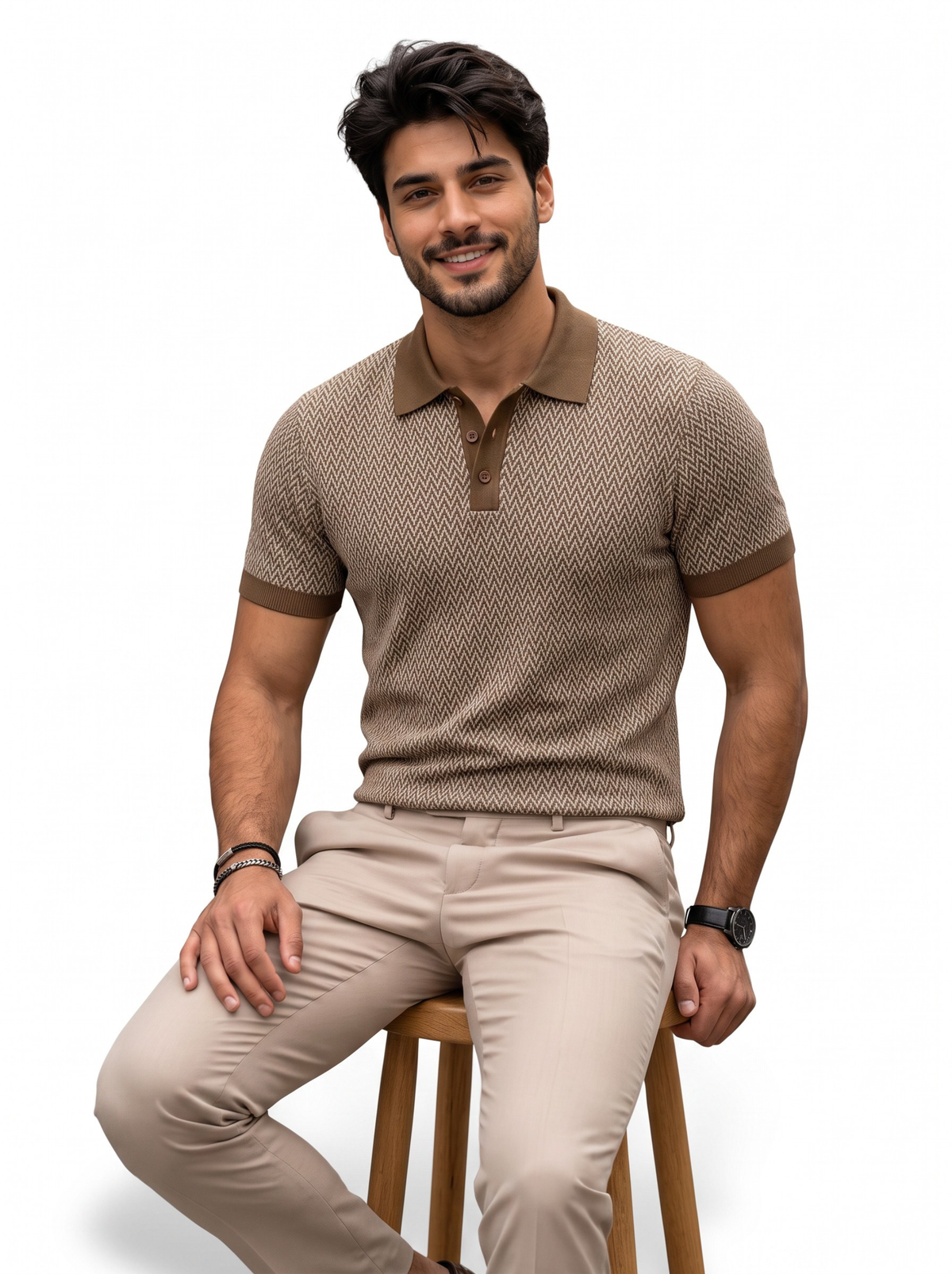 Terra Micro Chevron Knit Polo - Taupe & Brown by Cord Cult - side view