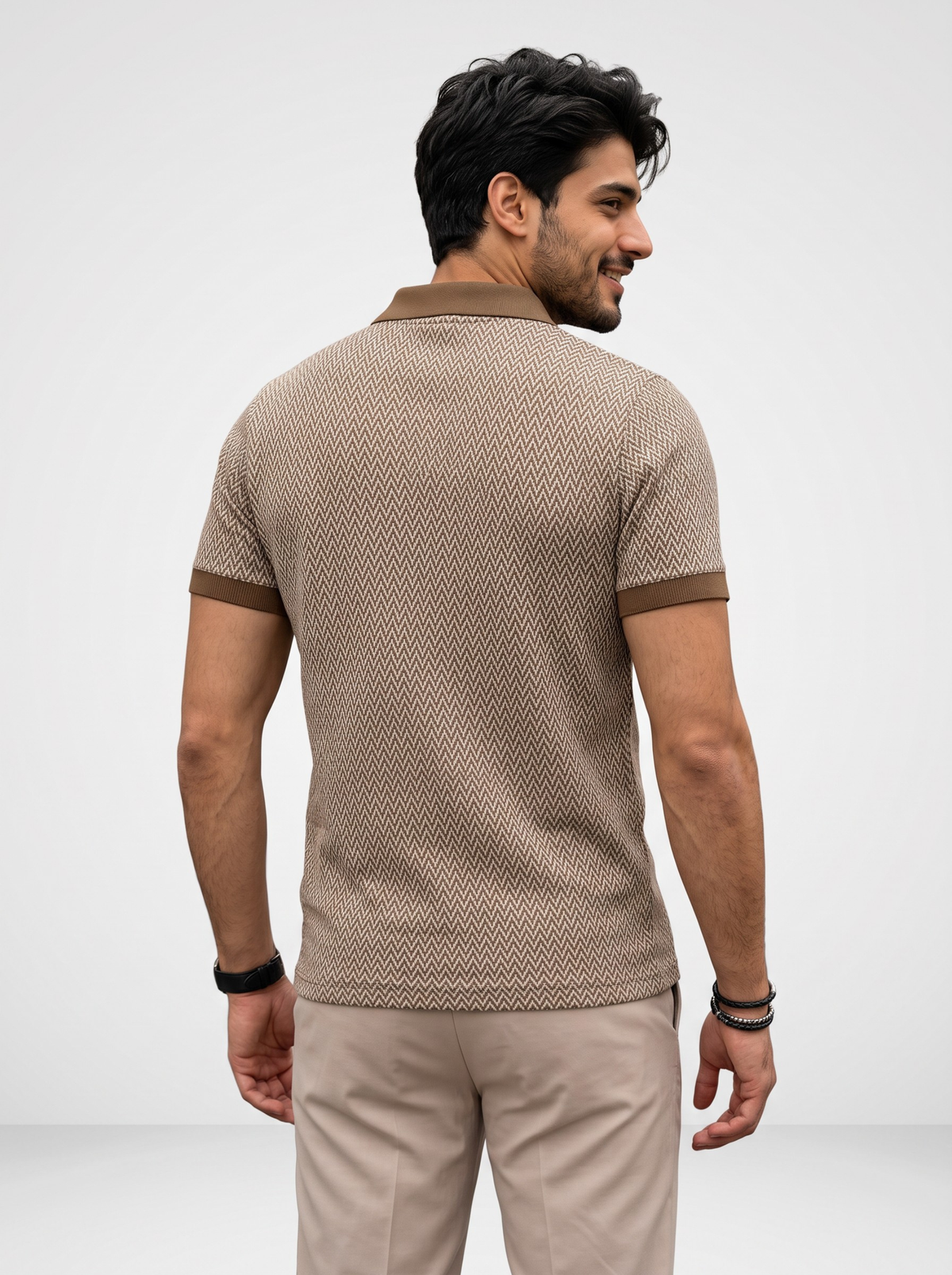 Terra Micro Chevron Knit Polo - Taupe & Brown by Cord Cult - back view