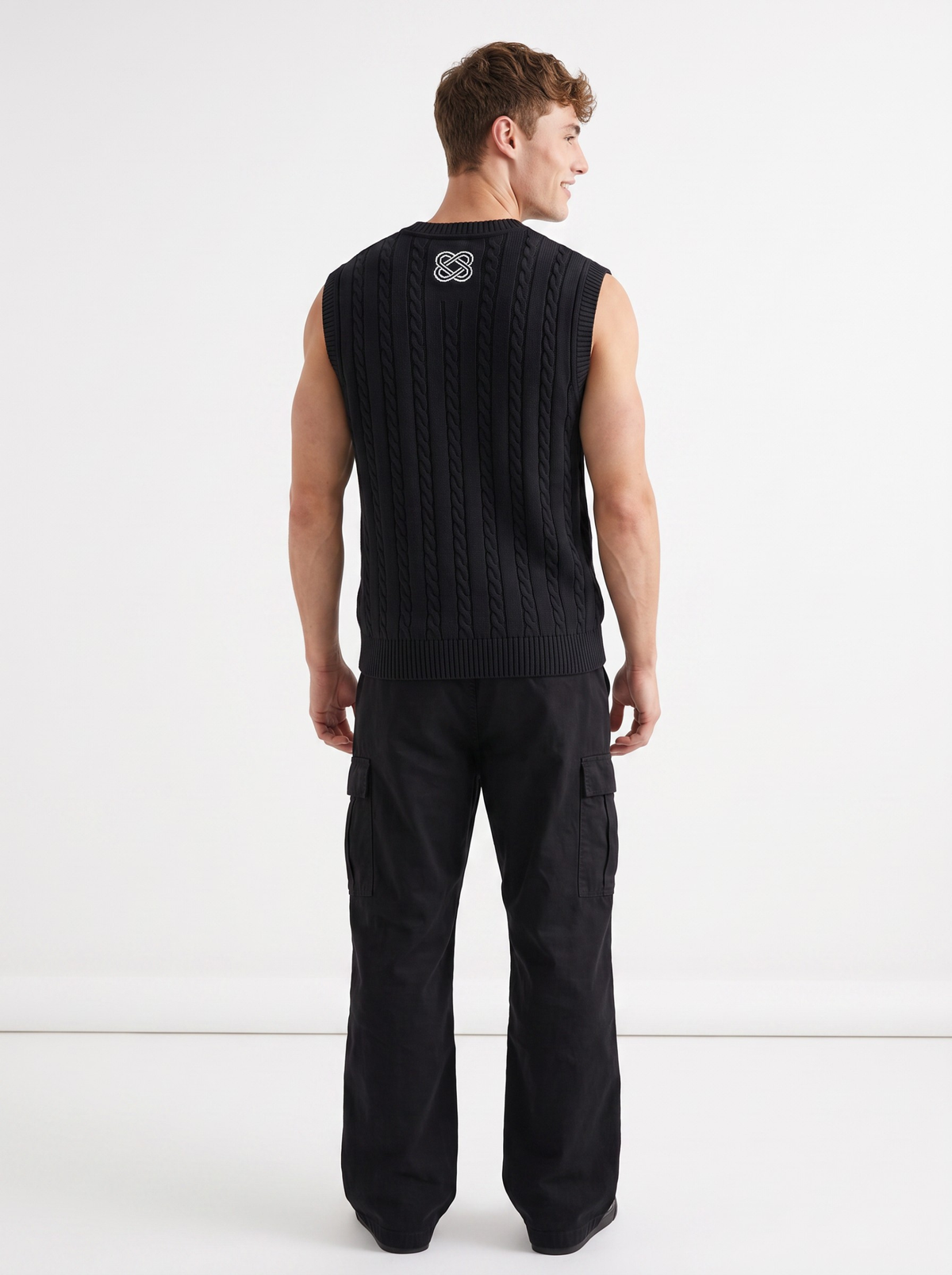 Noir Cable Knit V-Neck Vest - Black by Cord Cult - back view