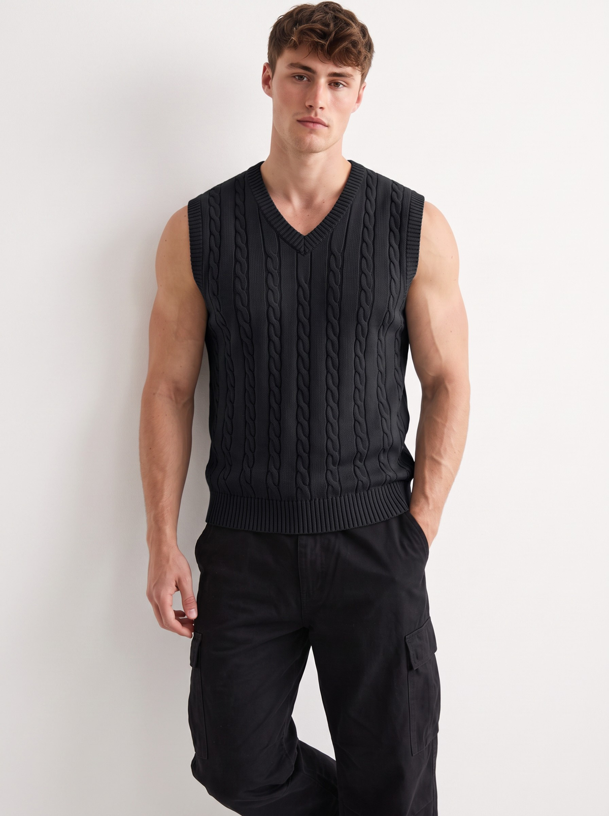 Noir Cable Knit V-Neck Vest - Black by Cord Cult - on-model view